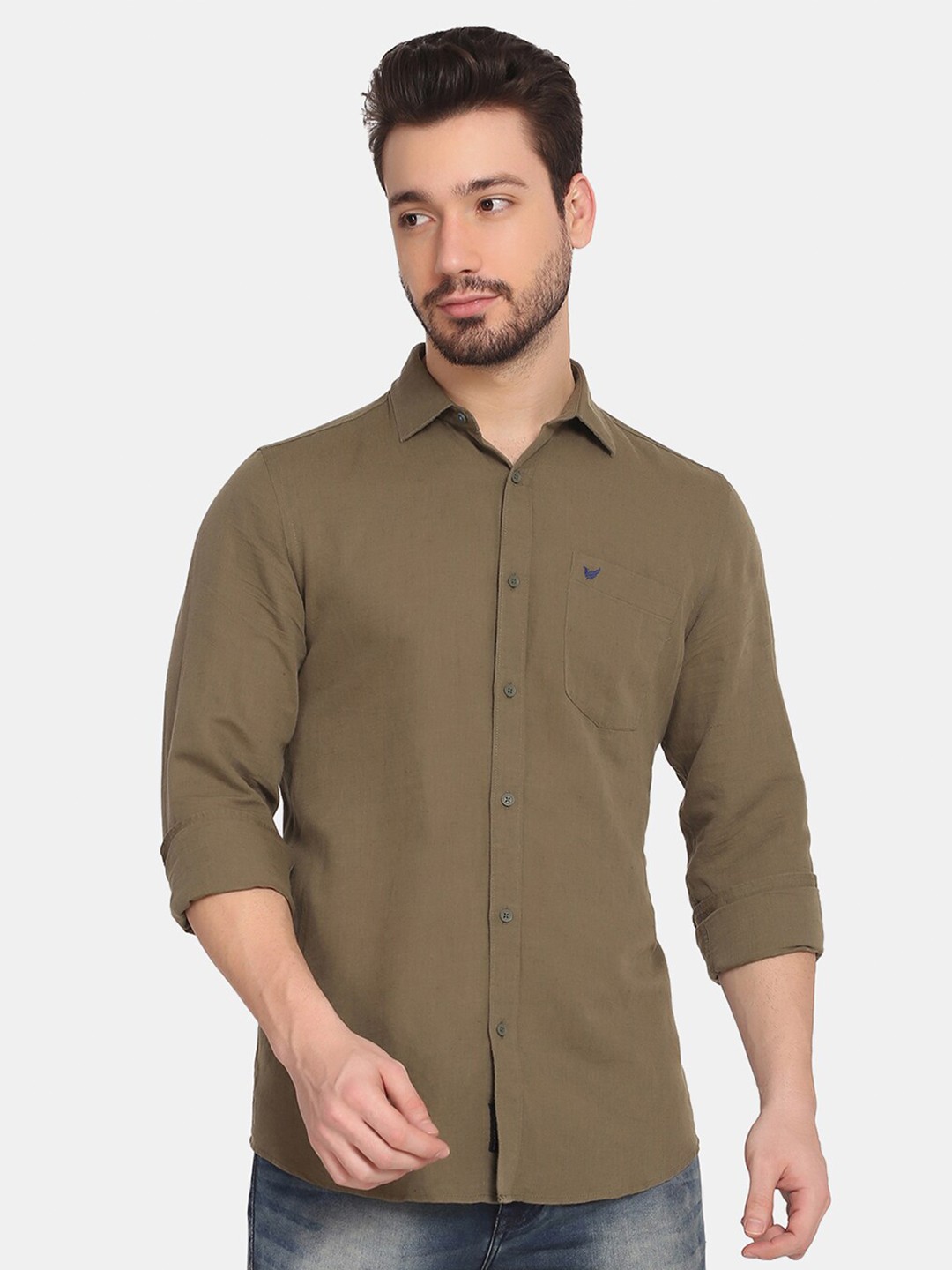 

Blackberrys Men Olive Green Slim Fit Linen Casual Shirt