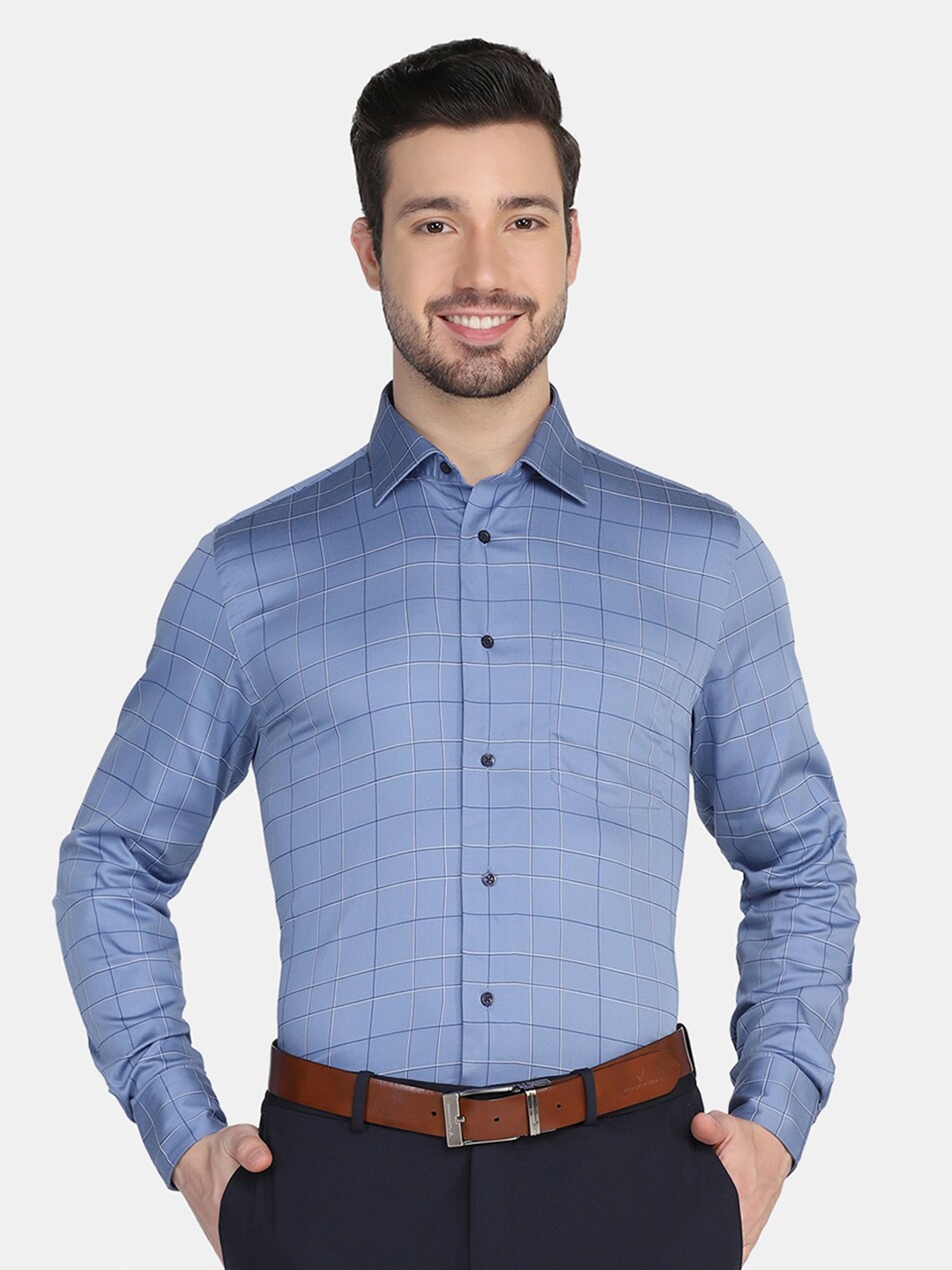 

Blackberrys Men Blue Slim Fit Windowpane Checks Formal Shirt