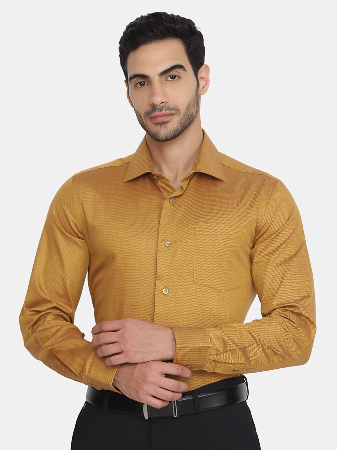 

Blackberrys Men Slim Fit Cotton Dobby Formal Shirt, Gold