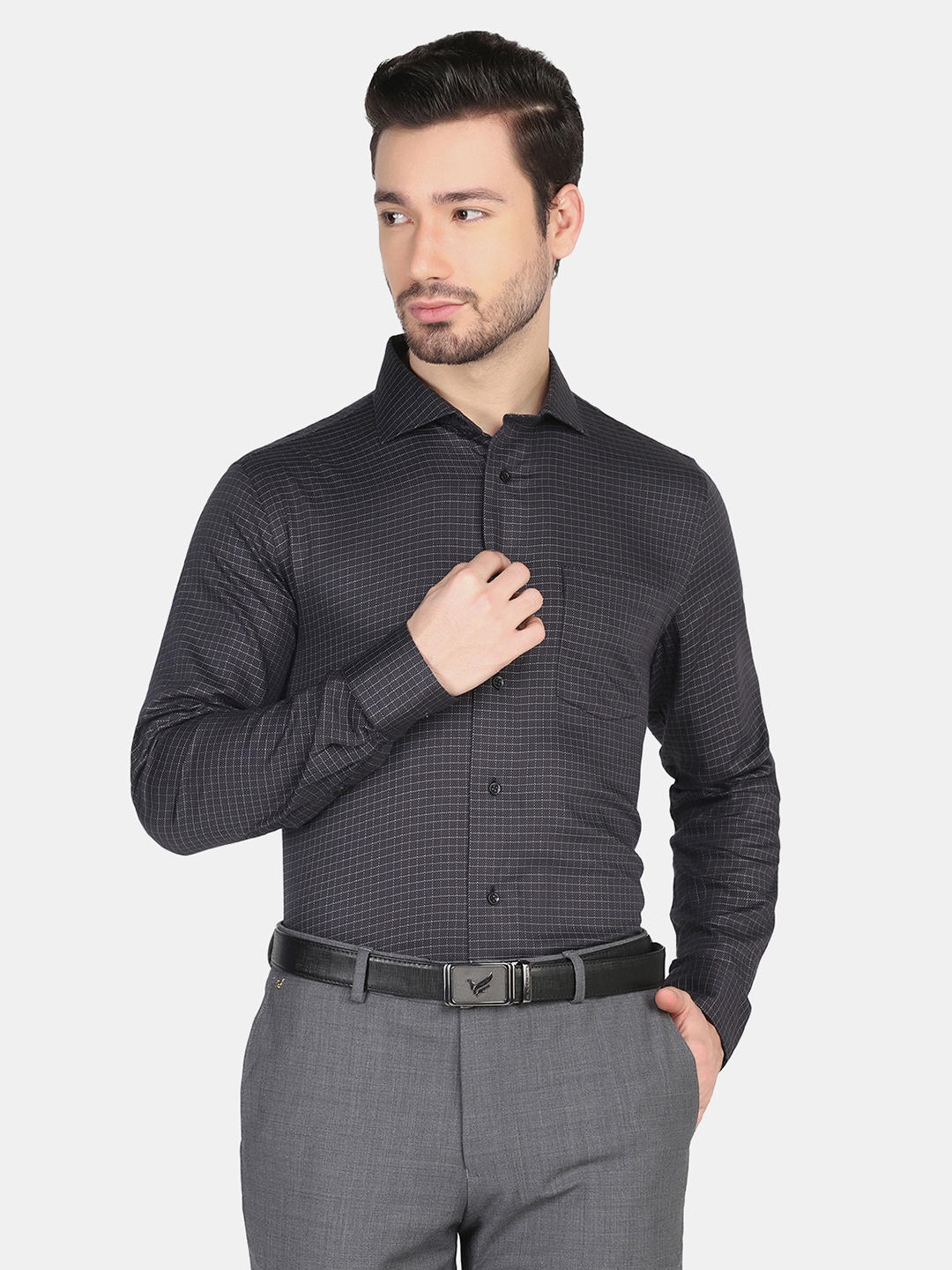 

Blackberrys Men Charcoal Slim Fit Micro Checks Cotton Formal Shirt