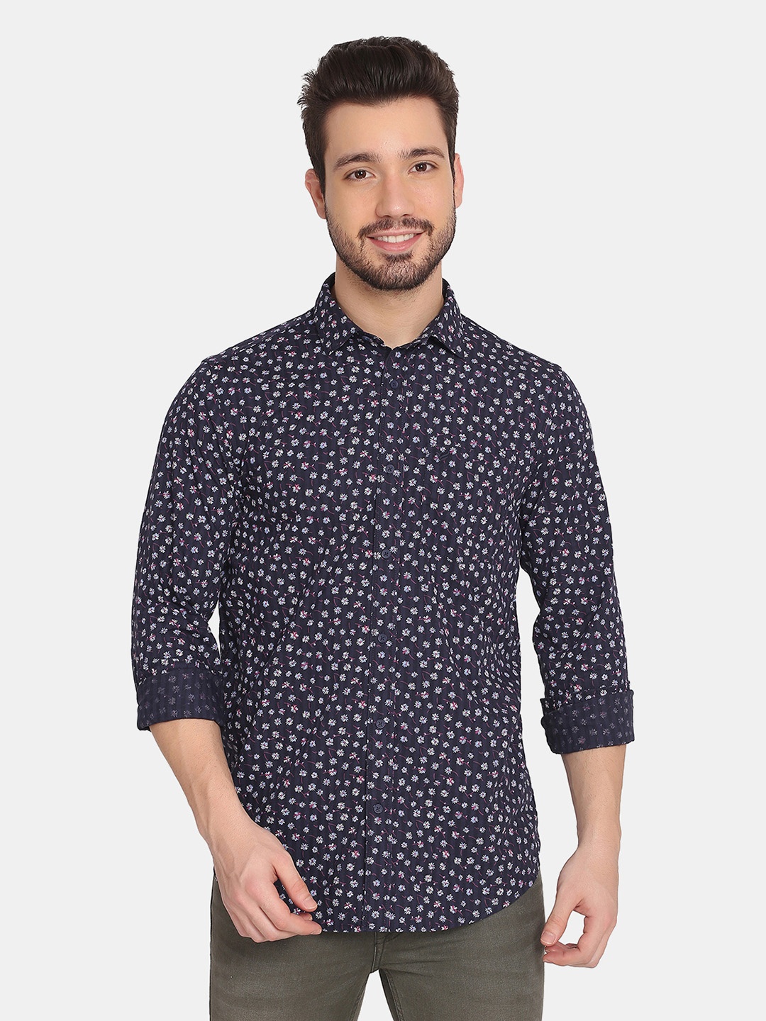 

Blackberrys Men Navy Blue Slim Fit Floral Printed Cotton Casual Shirt