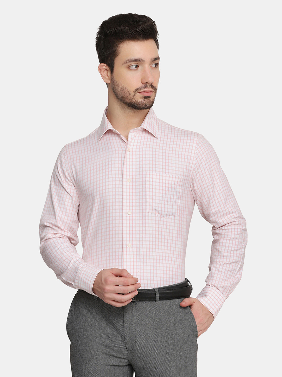 

Blackberrys Men Pink Slim Fit Grid Tattersall Checked Cotton Formal Shirt