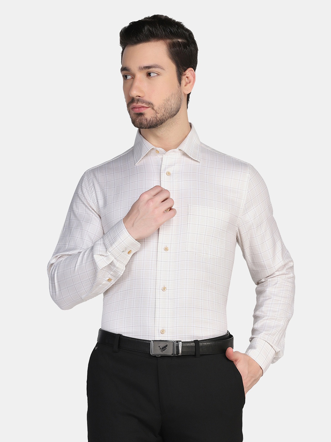 

Blackberrys Men Beige Slim Fit Checked Cotton Formal Shirt