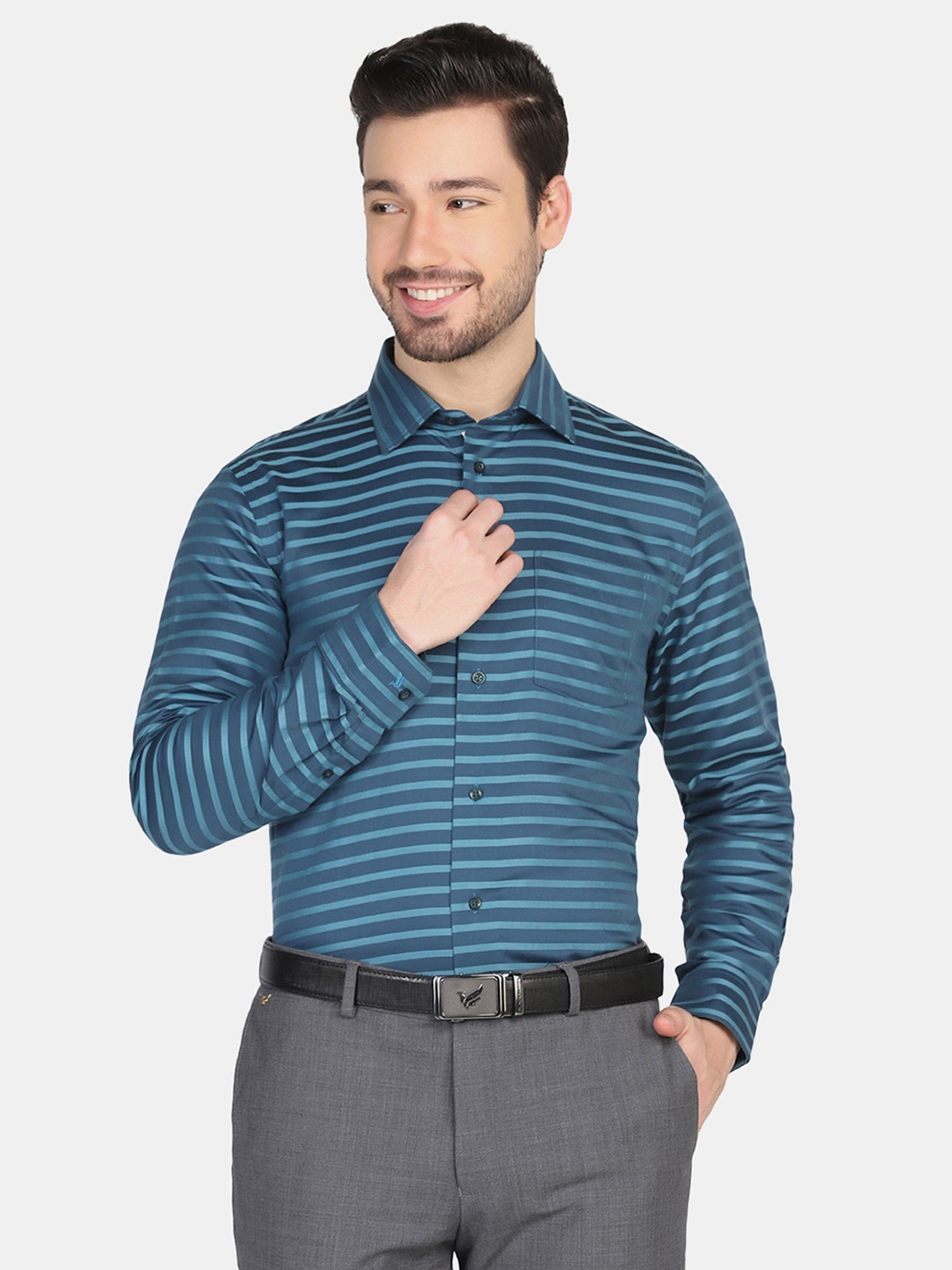 

Blackberrys Men Teal Blue Slim Fit Horizontal Stripes Cotton Formal Shirt