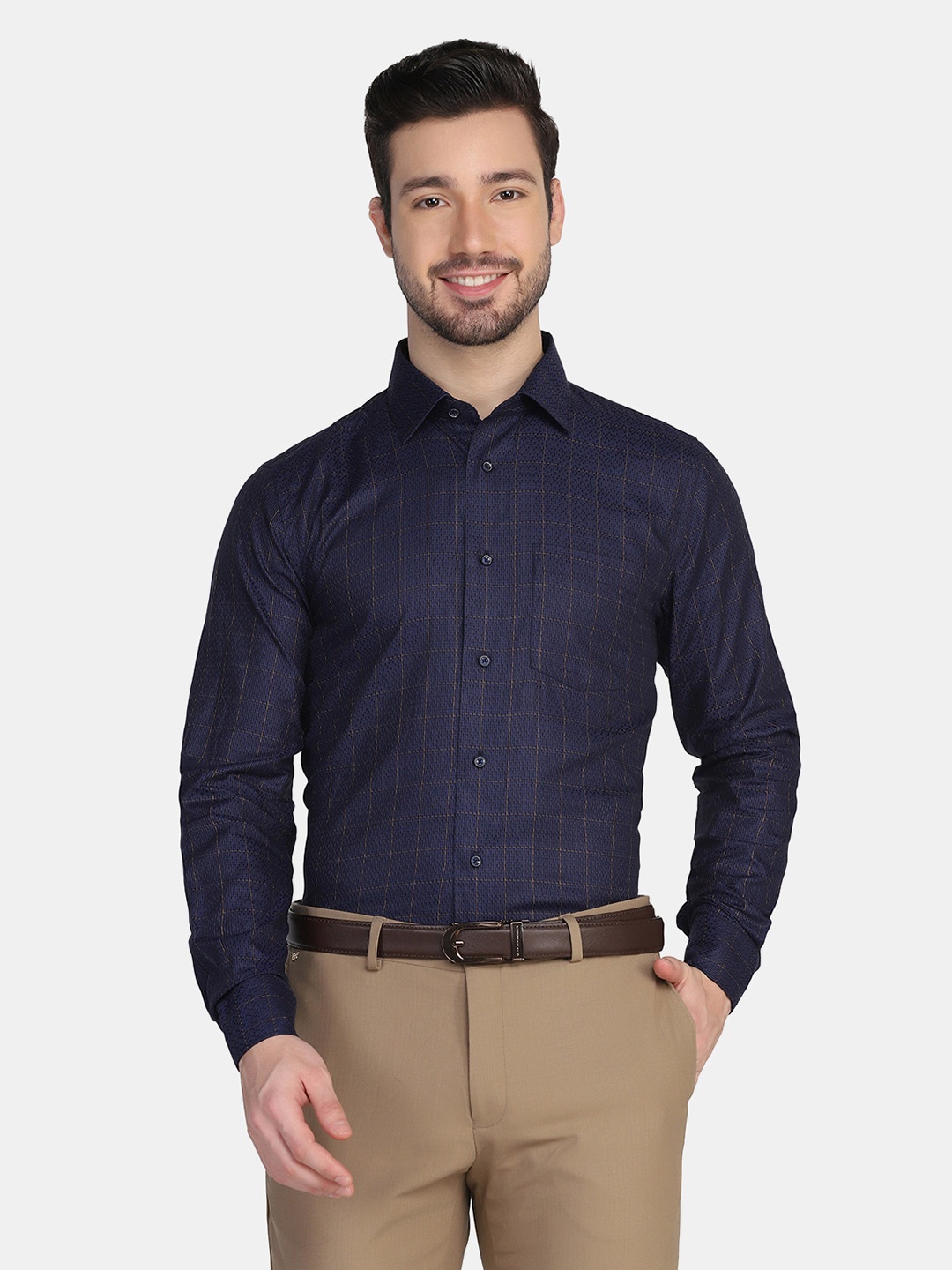 

Blackberrys Men Navy Blue Slim Fit Grid Tattersall Checked Long Sleeve Cotton Formal Shirt