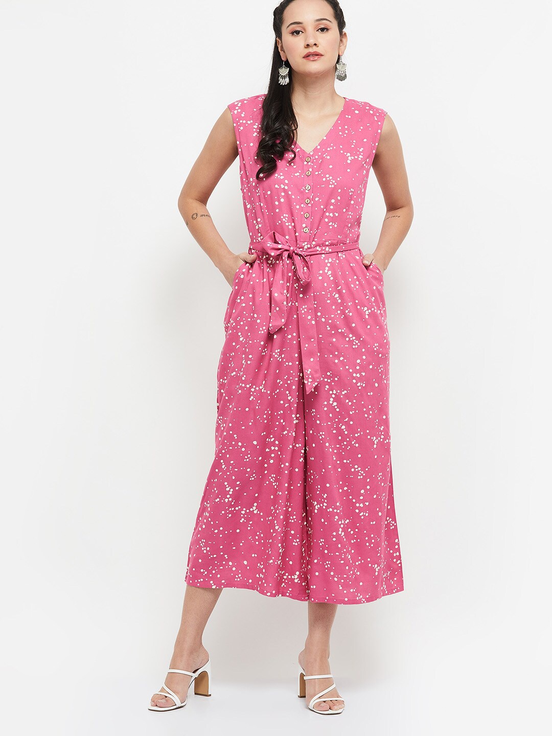 

max Pink & White Printed Capri Jumpsuit