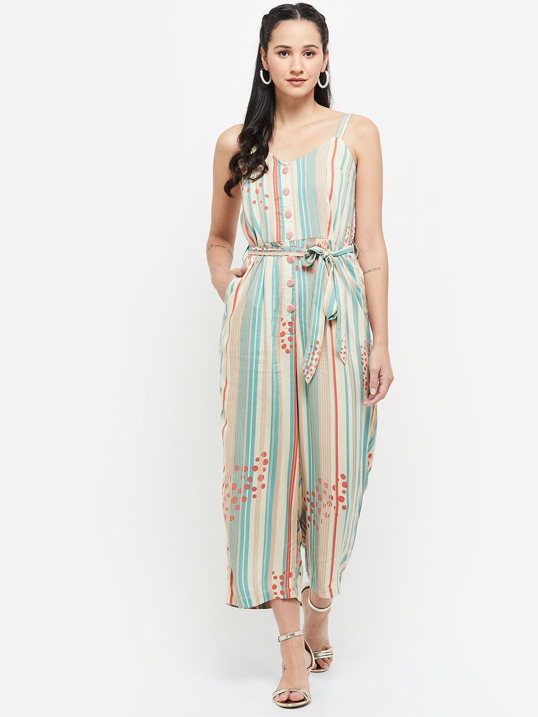 

max Blue & Beige Striped Basic Jumpsuit