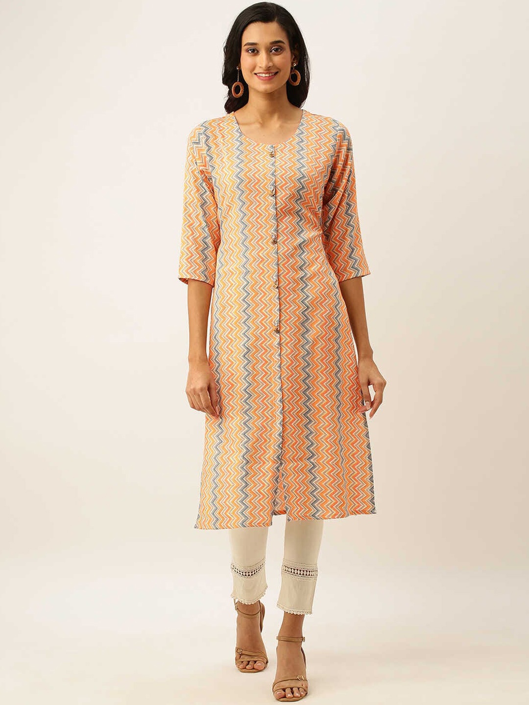 

ZOLA Women Orange & Blue Chevron Striped Kurta