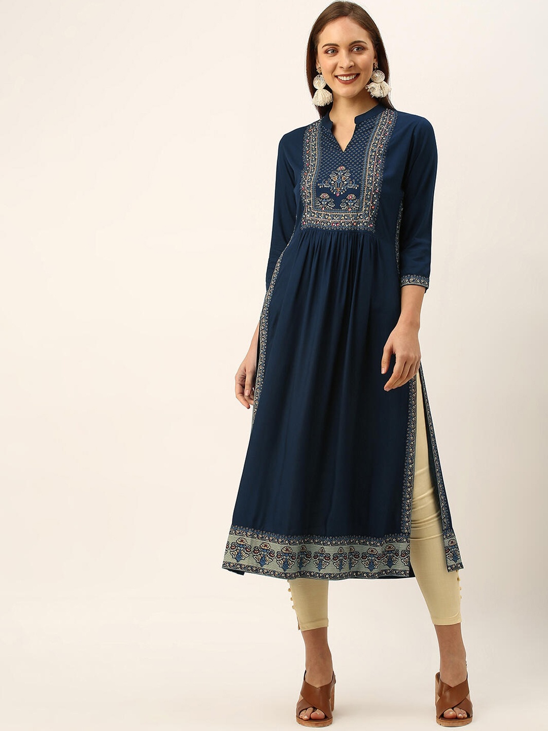 

ZOLA Women Blue Floral Yoke Design Mirror Work Anarkali Kurta