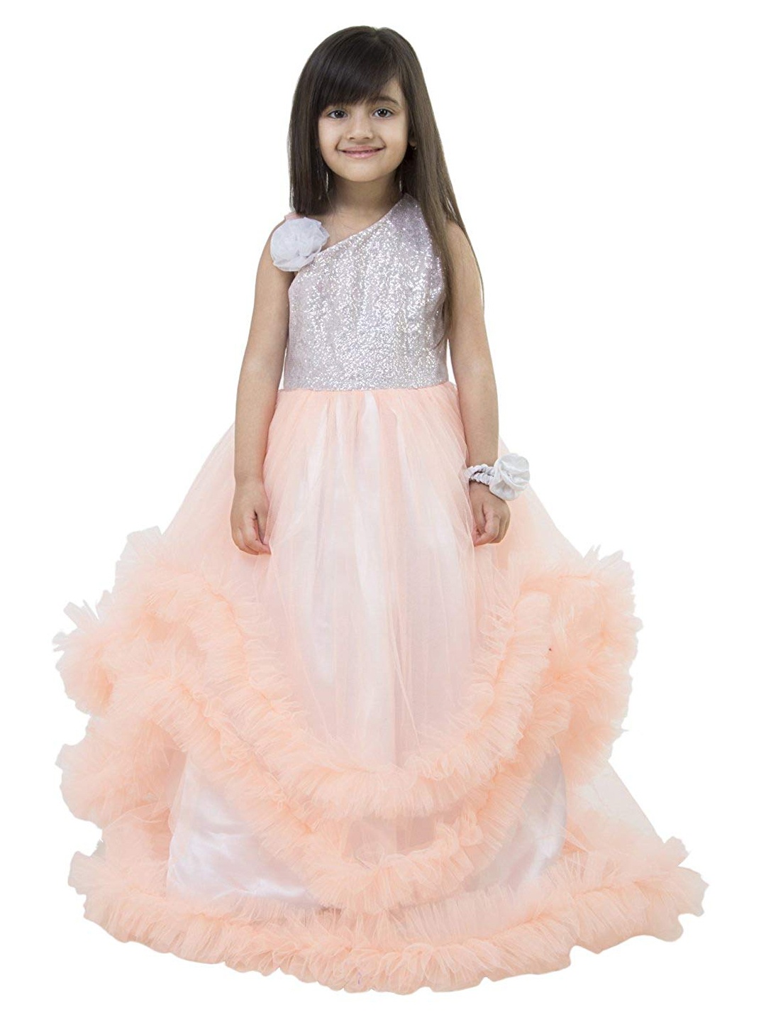 

Samsara Couture Peach-Coloured Embellished One Shoulder Satin Maxi Dress