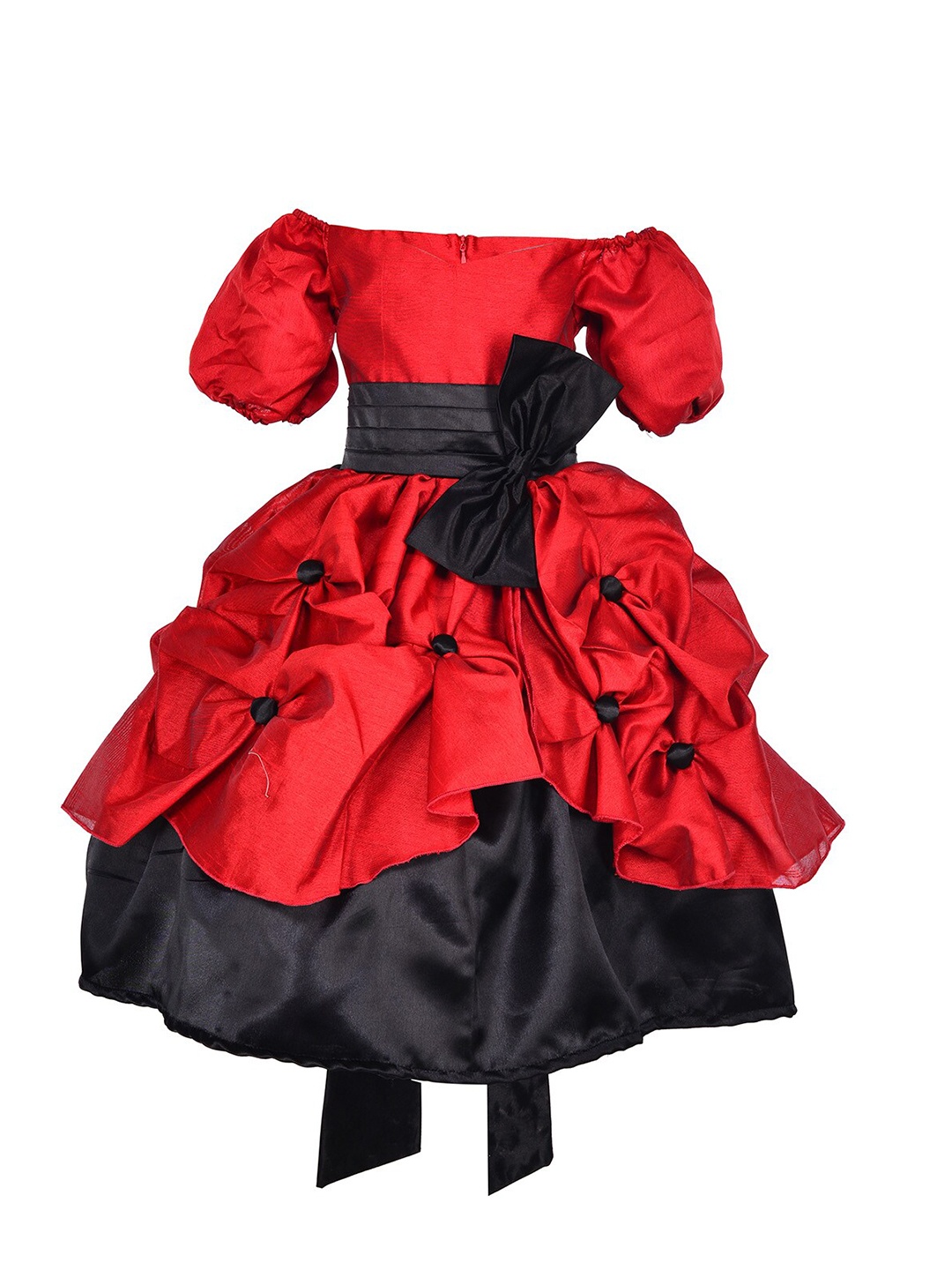 

Samsara Couture Red & Black Off-Shoulder Satin Dress