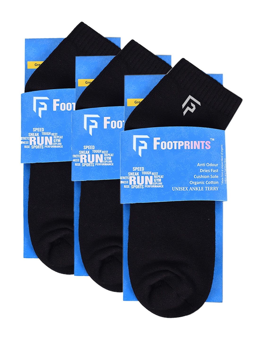 

FOOTPRINT 3 Pairs Unisex Anti Odour Organic Cotton Ankle-Length Terry Sports Bamboo Socks, Black