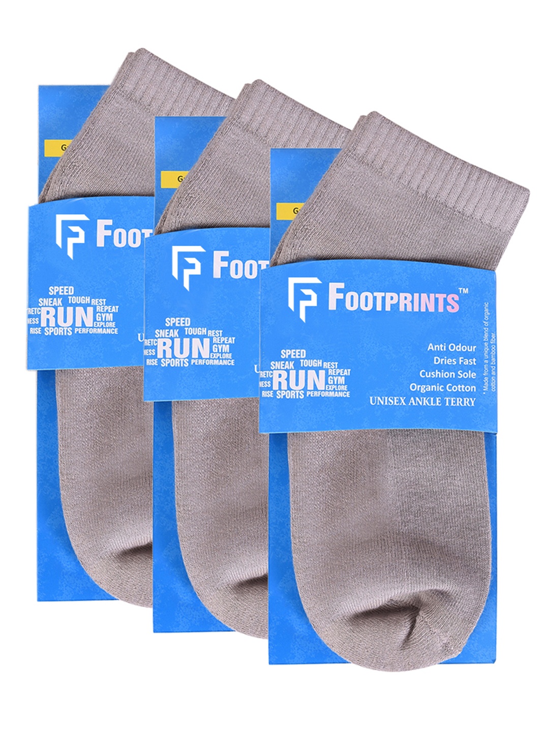 

FOOTPRINT 3 Pairs Unisex Anti Odour Organic Cotton Ankle-Length Terry Sports Bamboo Socks, Grey