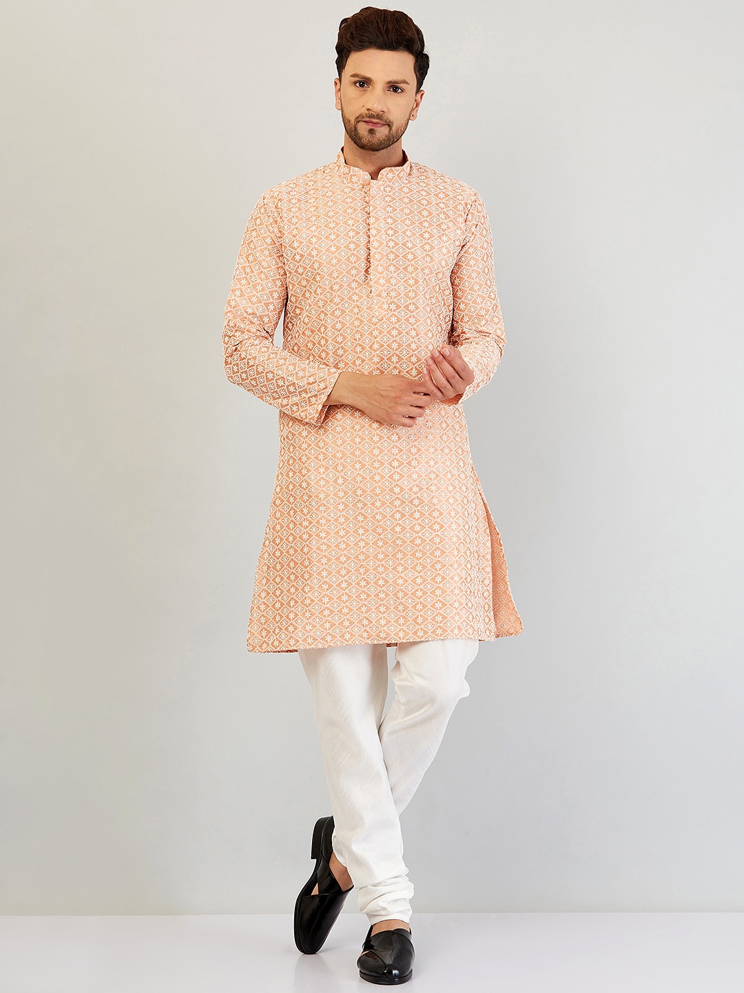 

Armaan Ethnic Men Ethnic Motifs Embroidered Chikankari Kurta with Pyjama, Orange