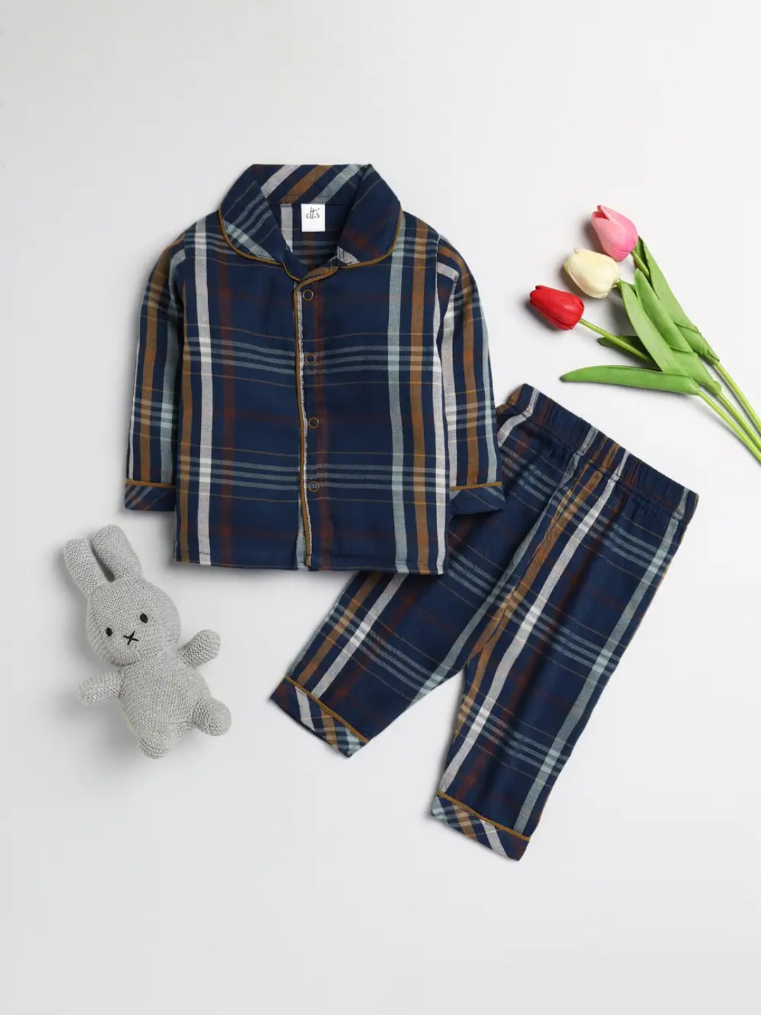 

Clt s Unisex Kids Blue & White Checked Pure Cotton Night suit