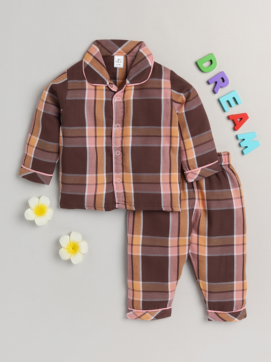 

Clt.s Kids Brown & Yellow Checked Pure Cotton Night suit