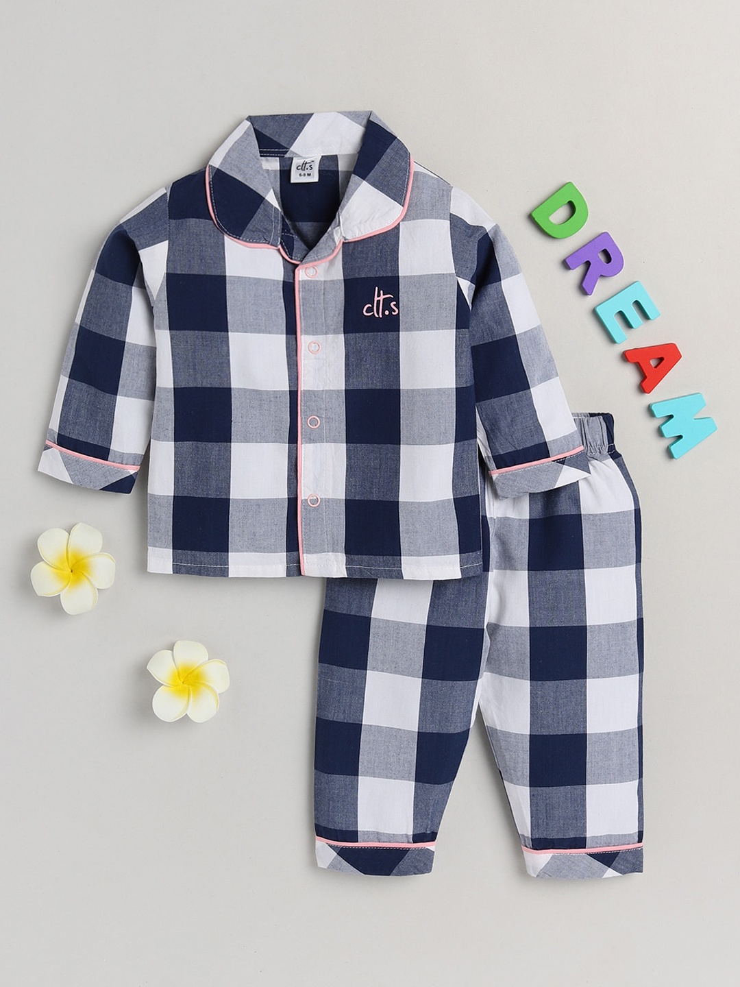 

Clt s Unisex Kids Blue & White Checked Pure Cotton Night suit