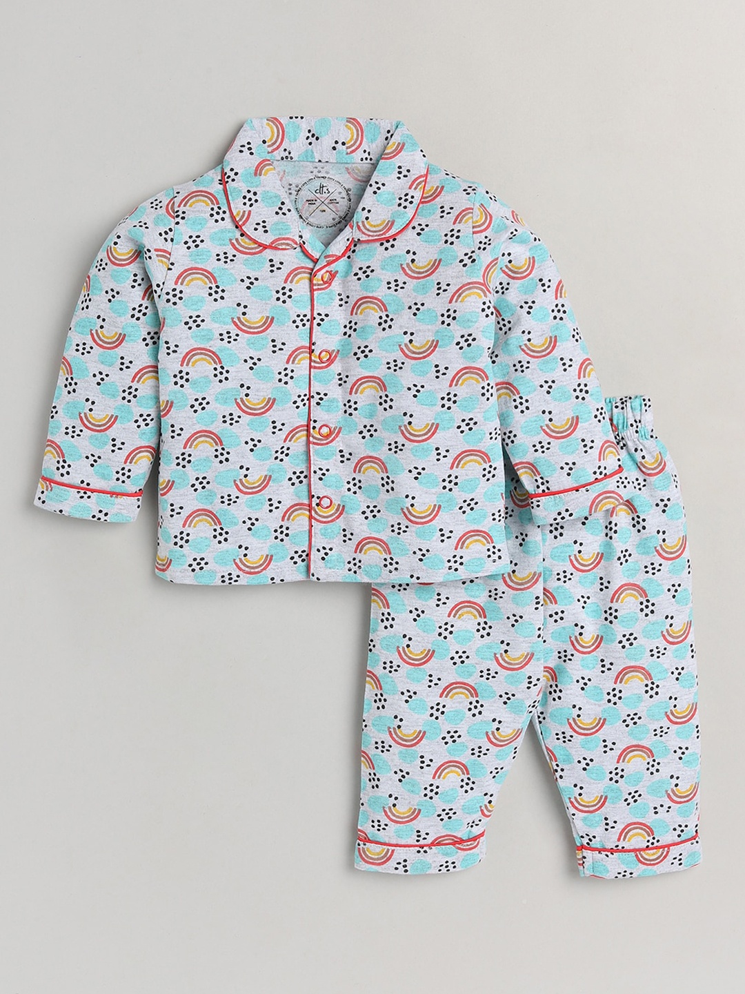 

Clt s Unisex Kids Grey Melange & Blue Printed Pure Cotton Night suit