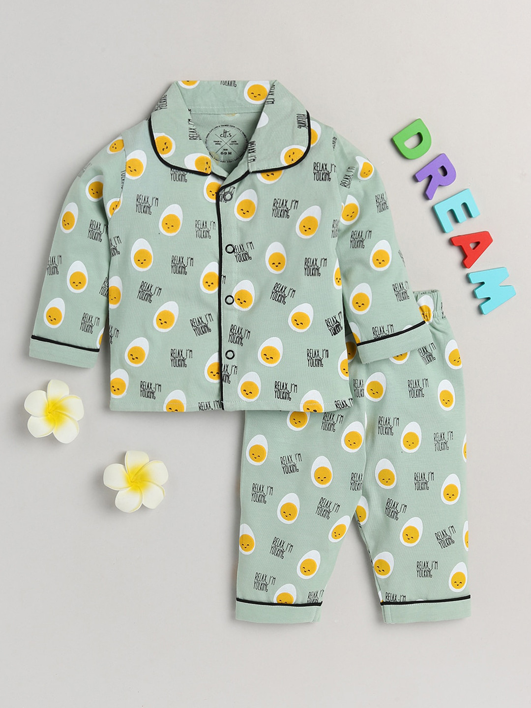 

Clt s Unisex Kids Green & White Printed Pure Cotton Night suit