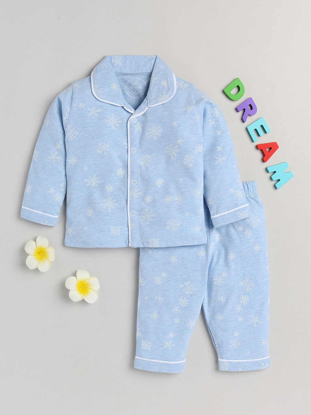 

Clt.s Kids Blue & White Printed Pure Cotton Night suit