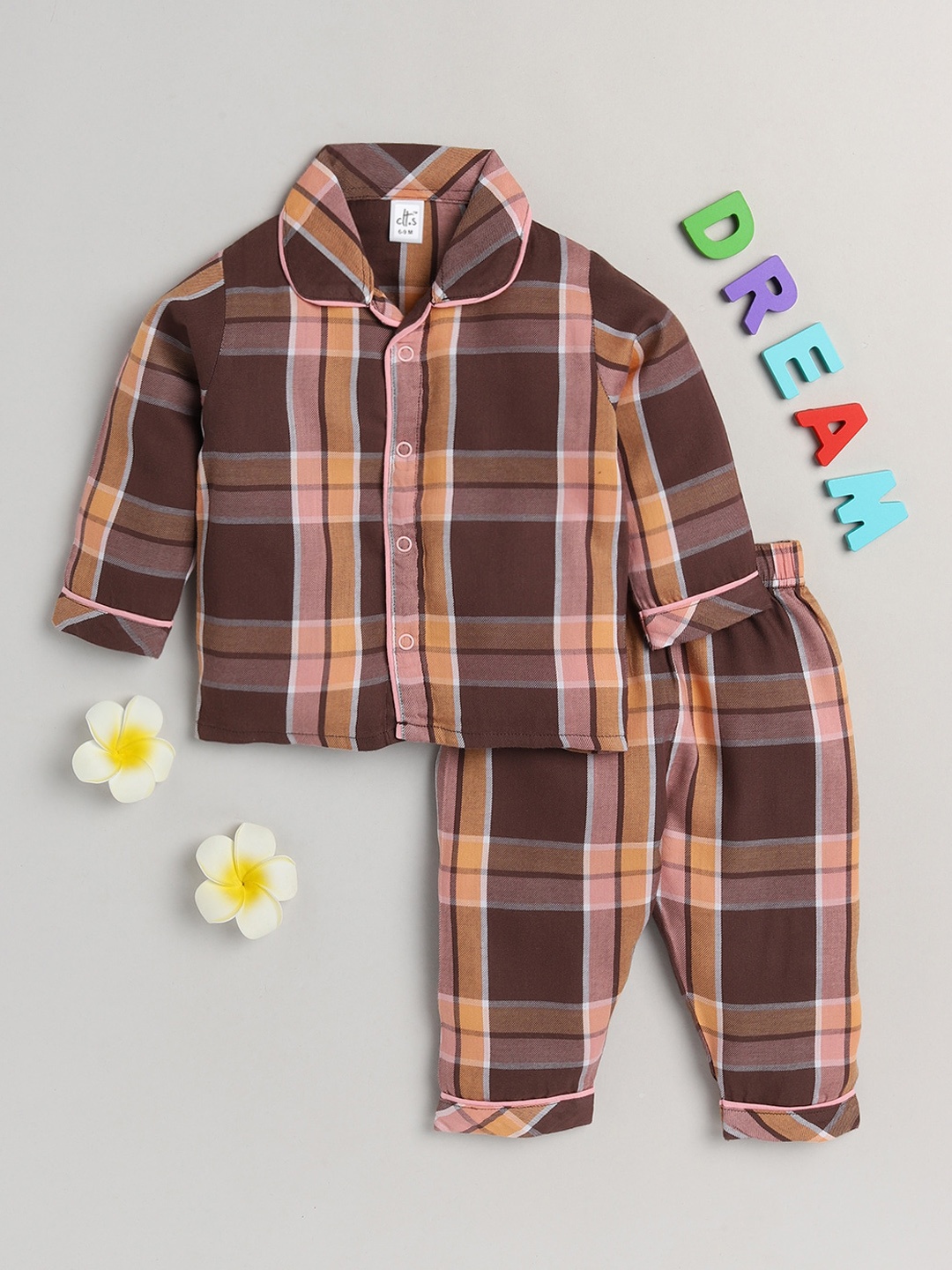 

Clt s Unisex Kids Brown & Yellow Checked Pure Cotton Night suit