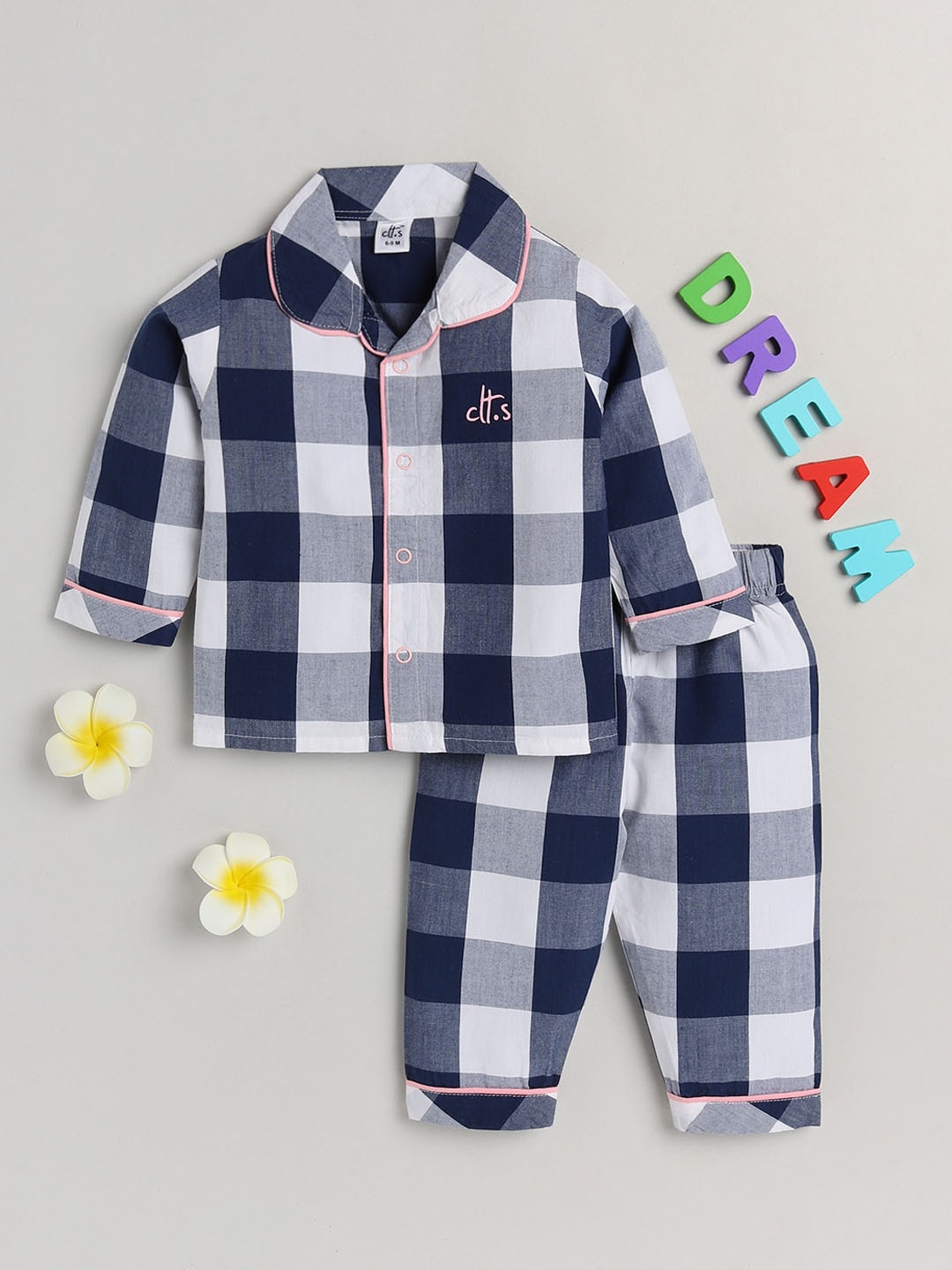 

Clt s Unisex Kids Blue & Grey Checked Pure Cotton Night suit