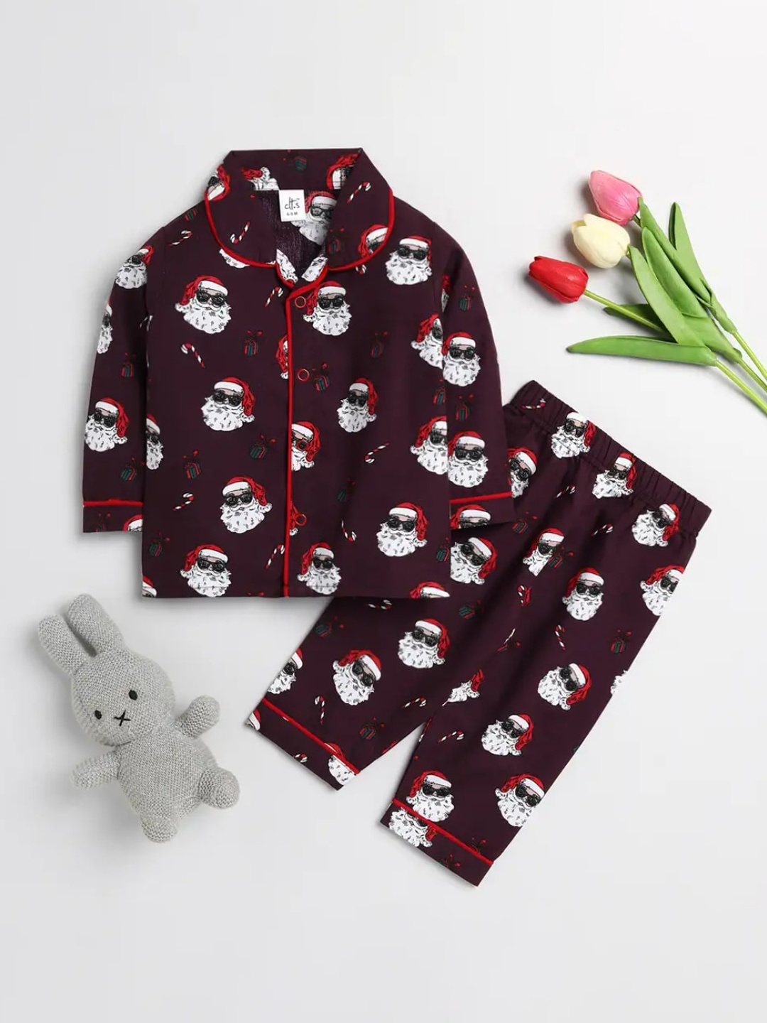 

Clt s Unisex Kids Maroon & White Printed Pure Cotton Night suit