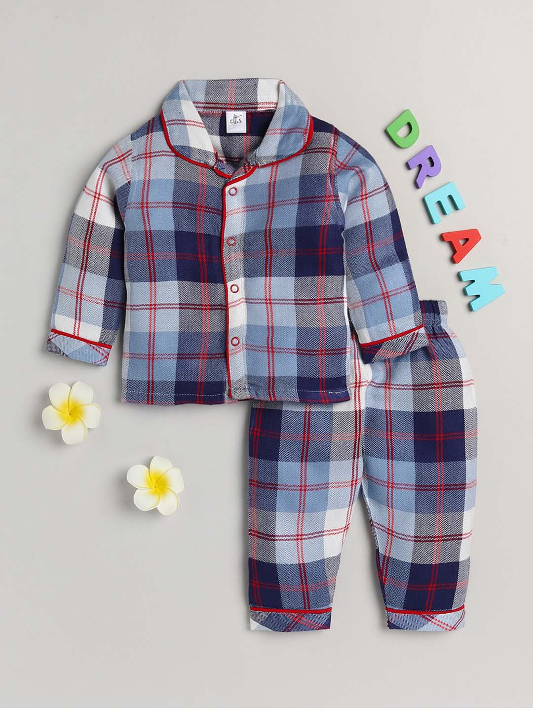 

Clt s Unisex Kids Blue & White Checked Night suit