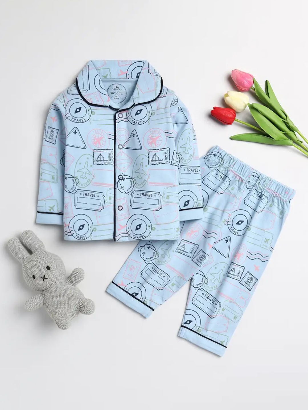 Clt s Kids Printed Pure Cotton Night suit, Blue