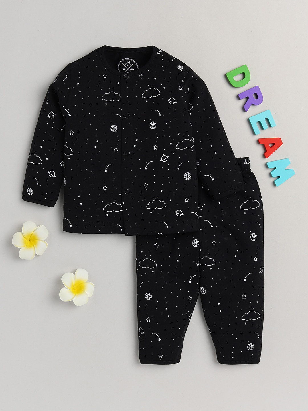 

Clt.s Kids Black & White Printed Pure Cotton Night suit