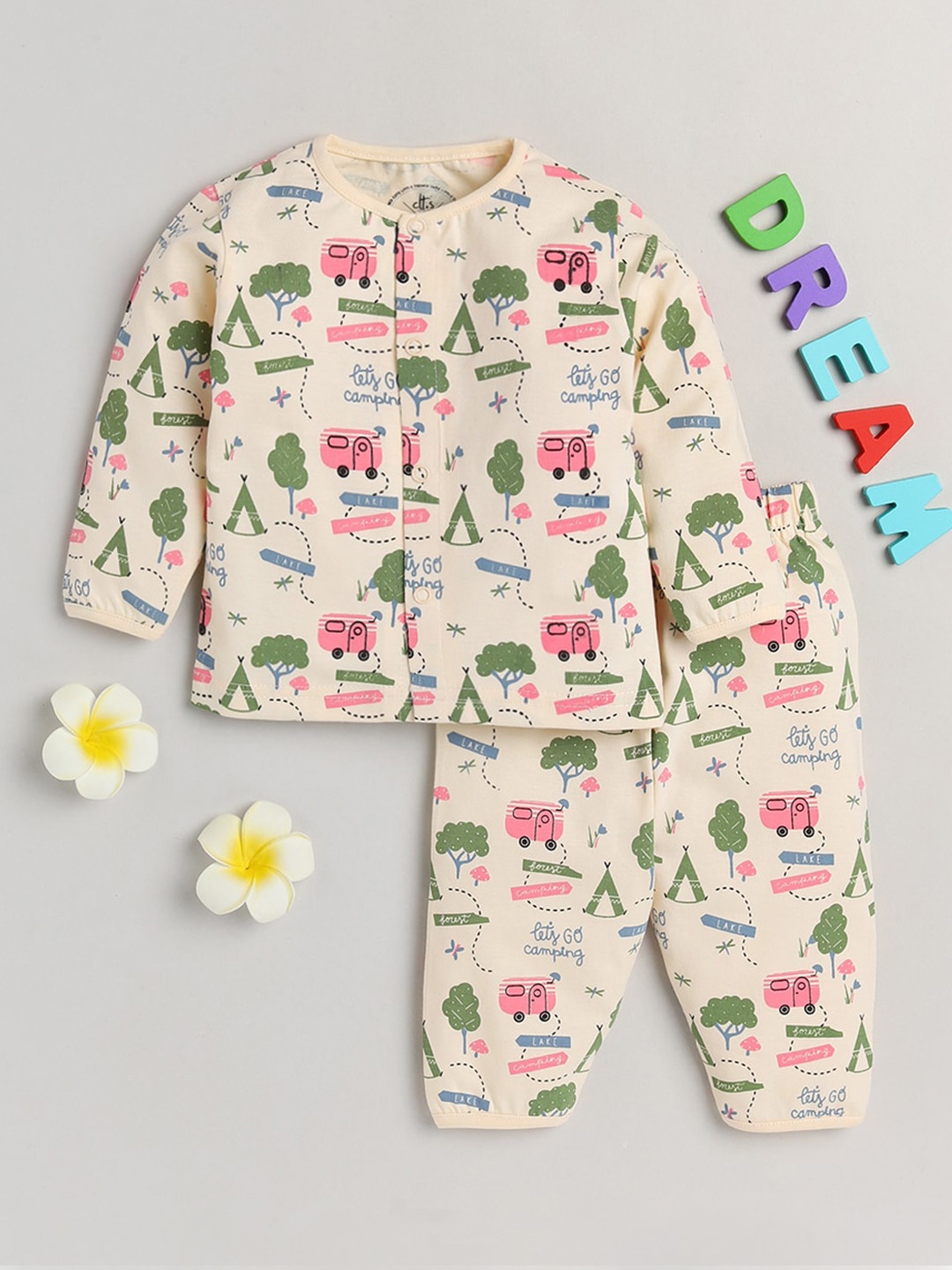 

Clt.s Kids Cream-Coloured & Green Printed Pure Cotton Night suit