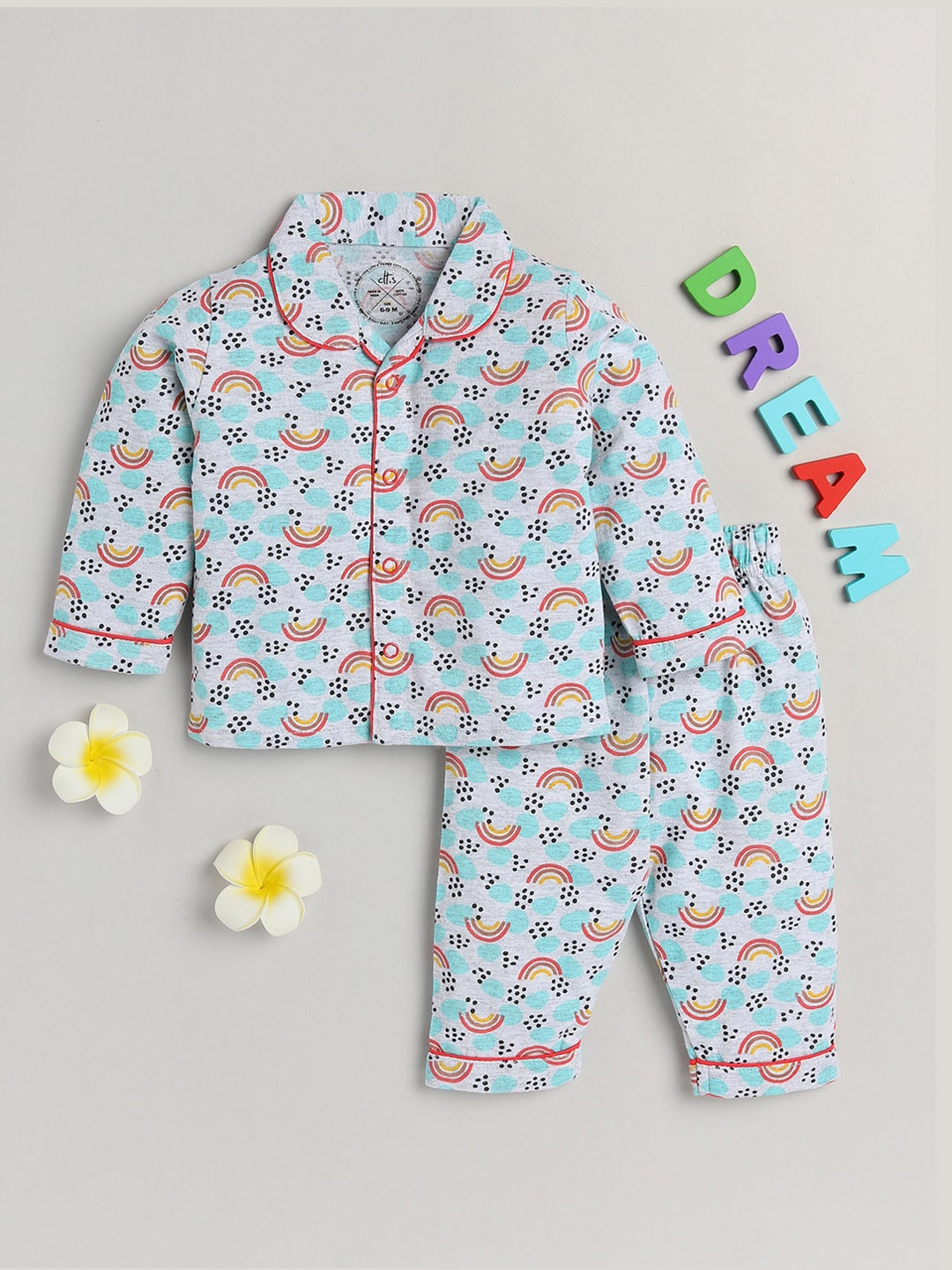 

Clt s Unisex Kids Grey Melange & Orange Pure Cotton Night suit