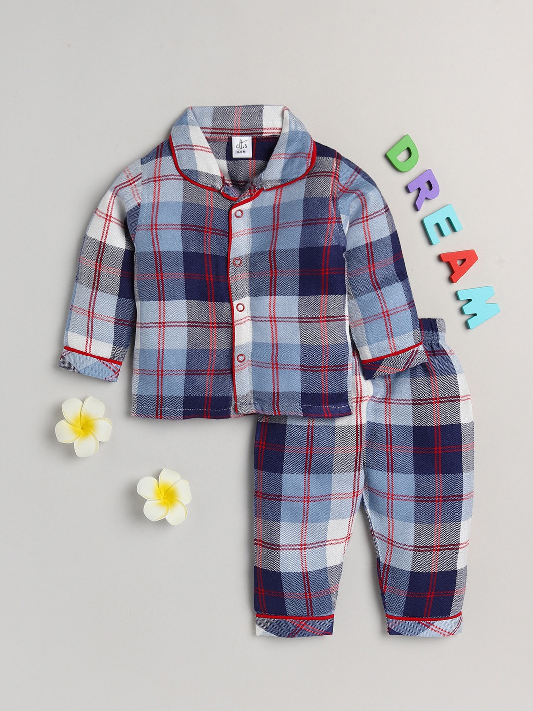 

Clt s Unisex Kids Blue & White Checked Night suit