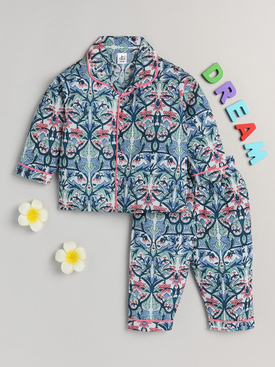 

Clt s Unisex Kids Blue & Pink Printed Pure Cotton Night suit