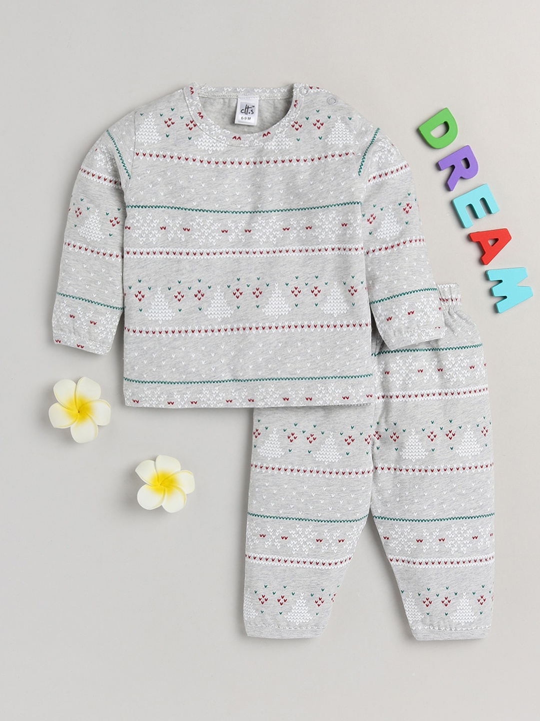 

Clt.s Kids Grey Melange & White Printed Night suit