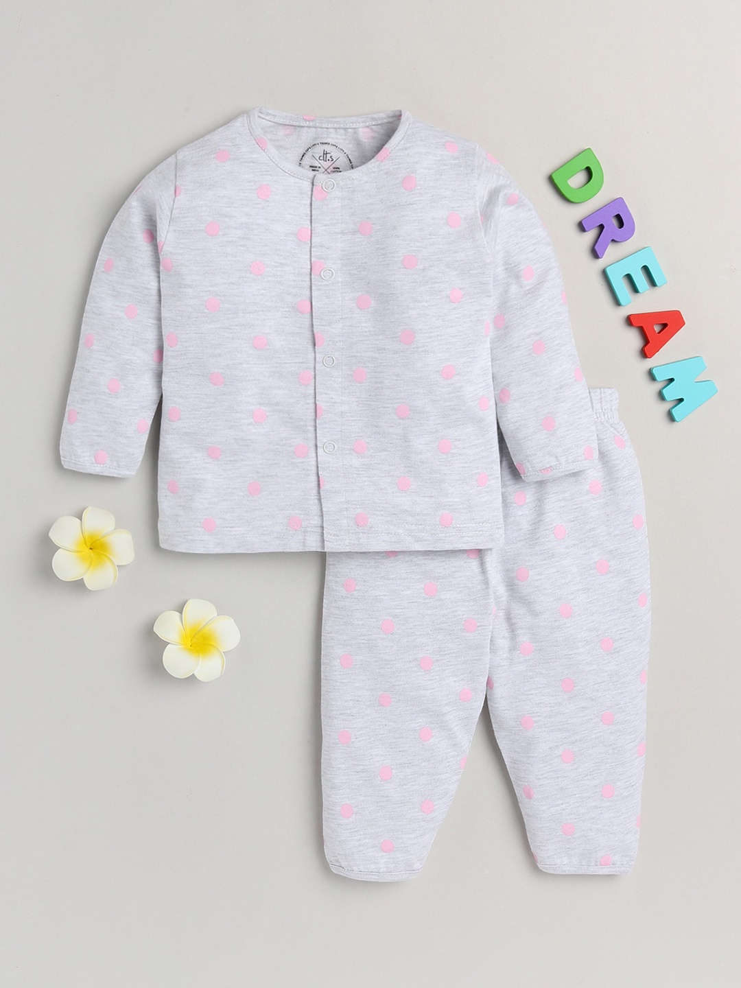 

Clt.s Kids Grey Melange & Pink Polka Dot Printed Pure Cotton Night suit