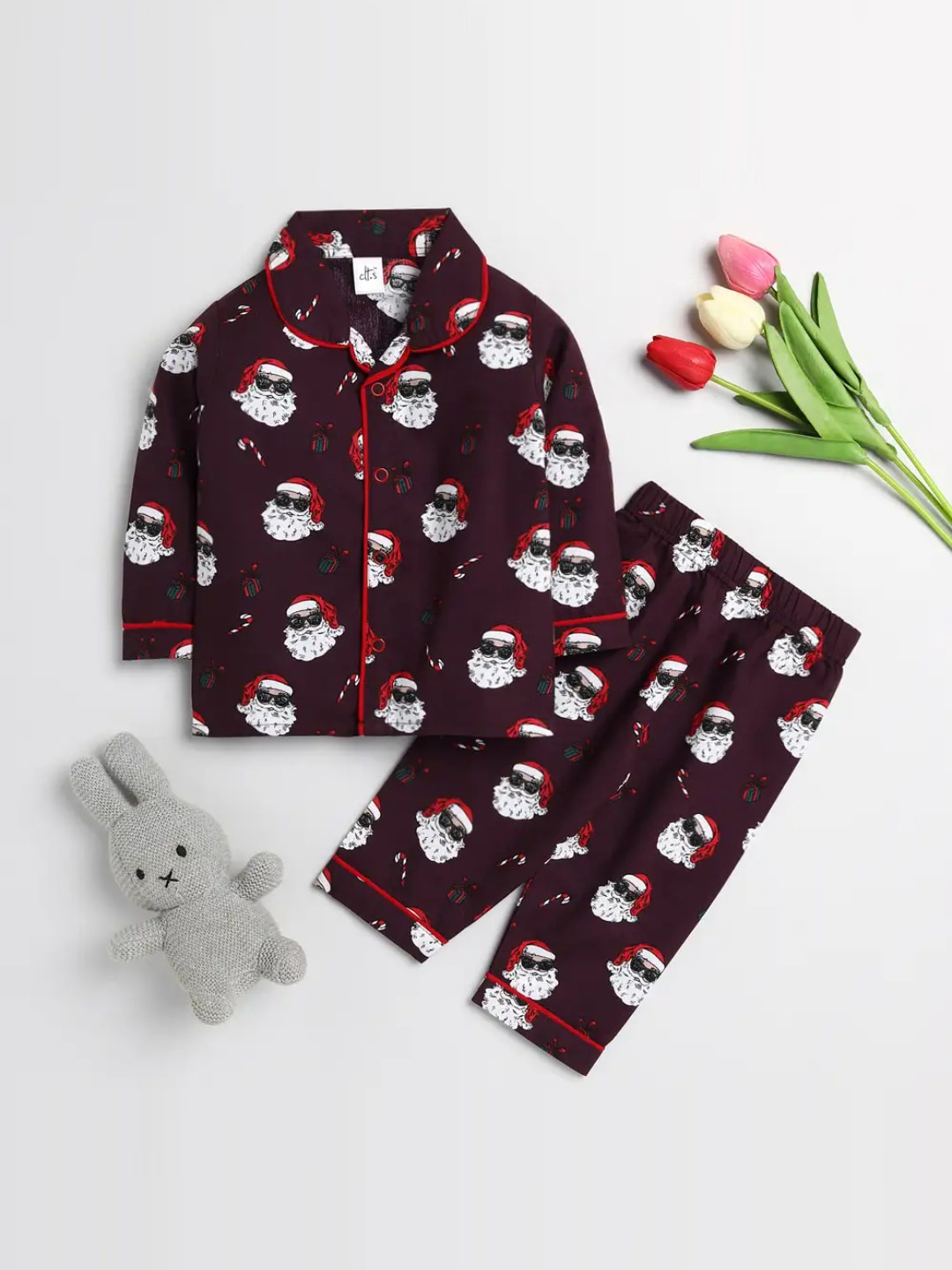 

Clt s Unisex Kids Maroon & White Printed Pure Cotton Night suit