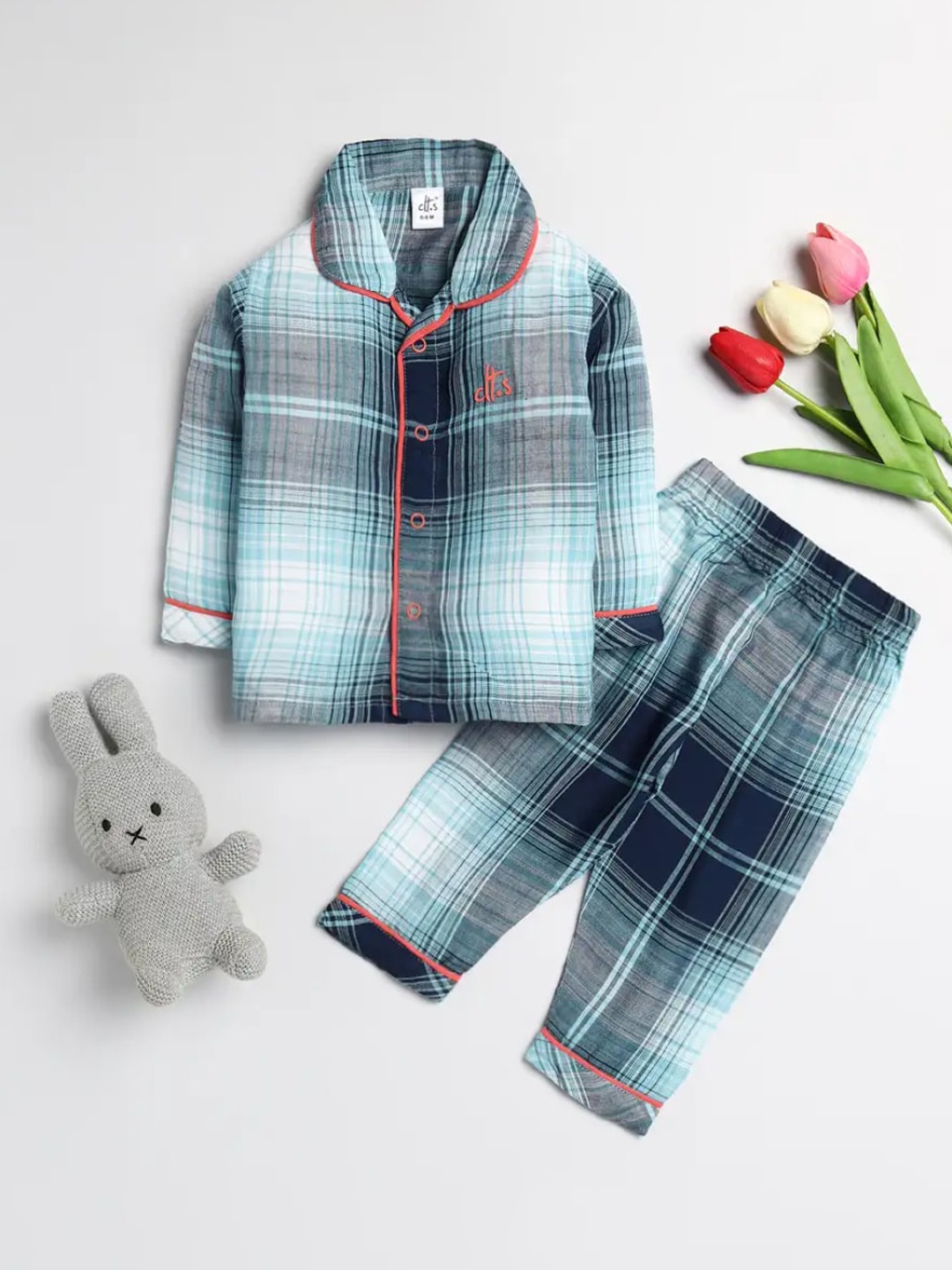 

Clt s Unisex Kids Blue & Grey Checked Pure Cotton Night suit
