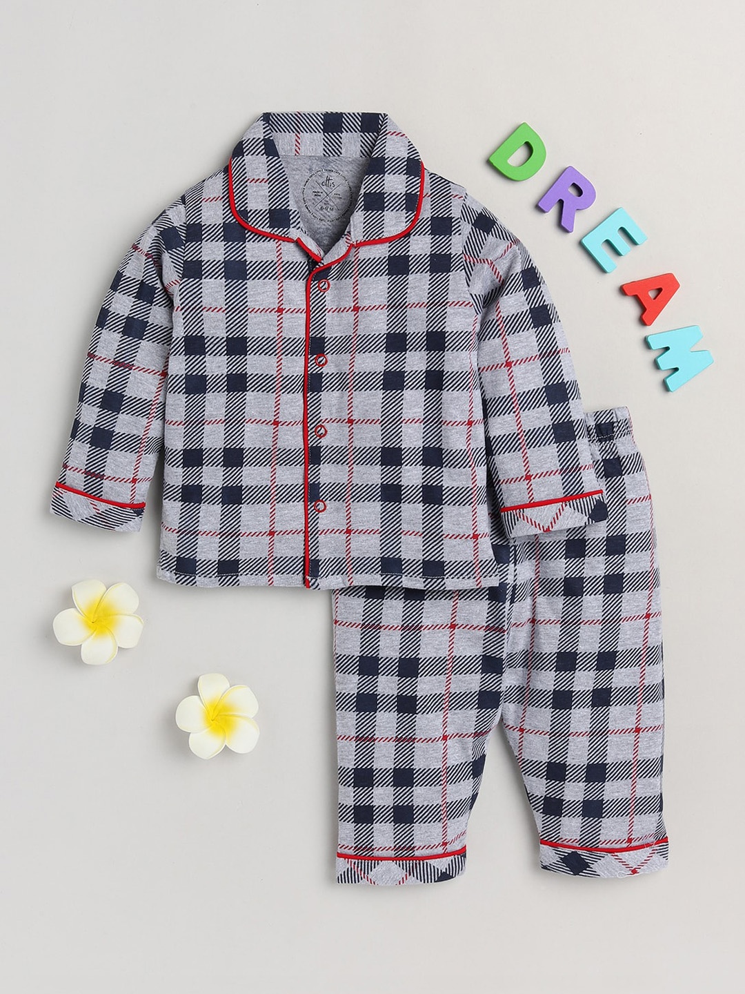 

Clt s Unisex Kids Blue & Grey Printed Checked Night suit