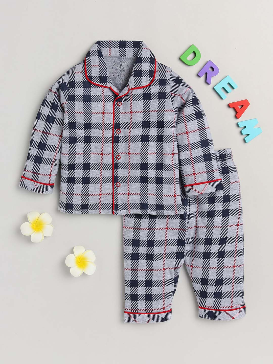 

Clt s Unisex Kids Blue & Red Checked Printed Night suit