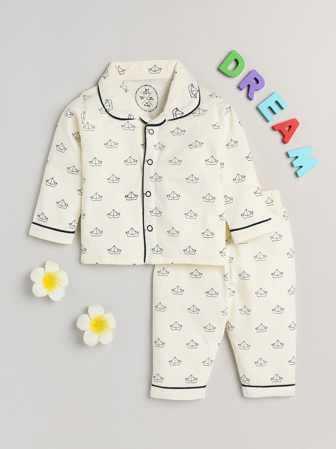 

Clt s Unisex Kids Cream-Coloured & Black Printed Night suit
