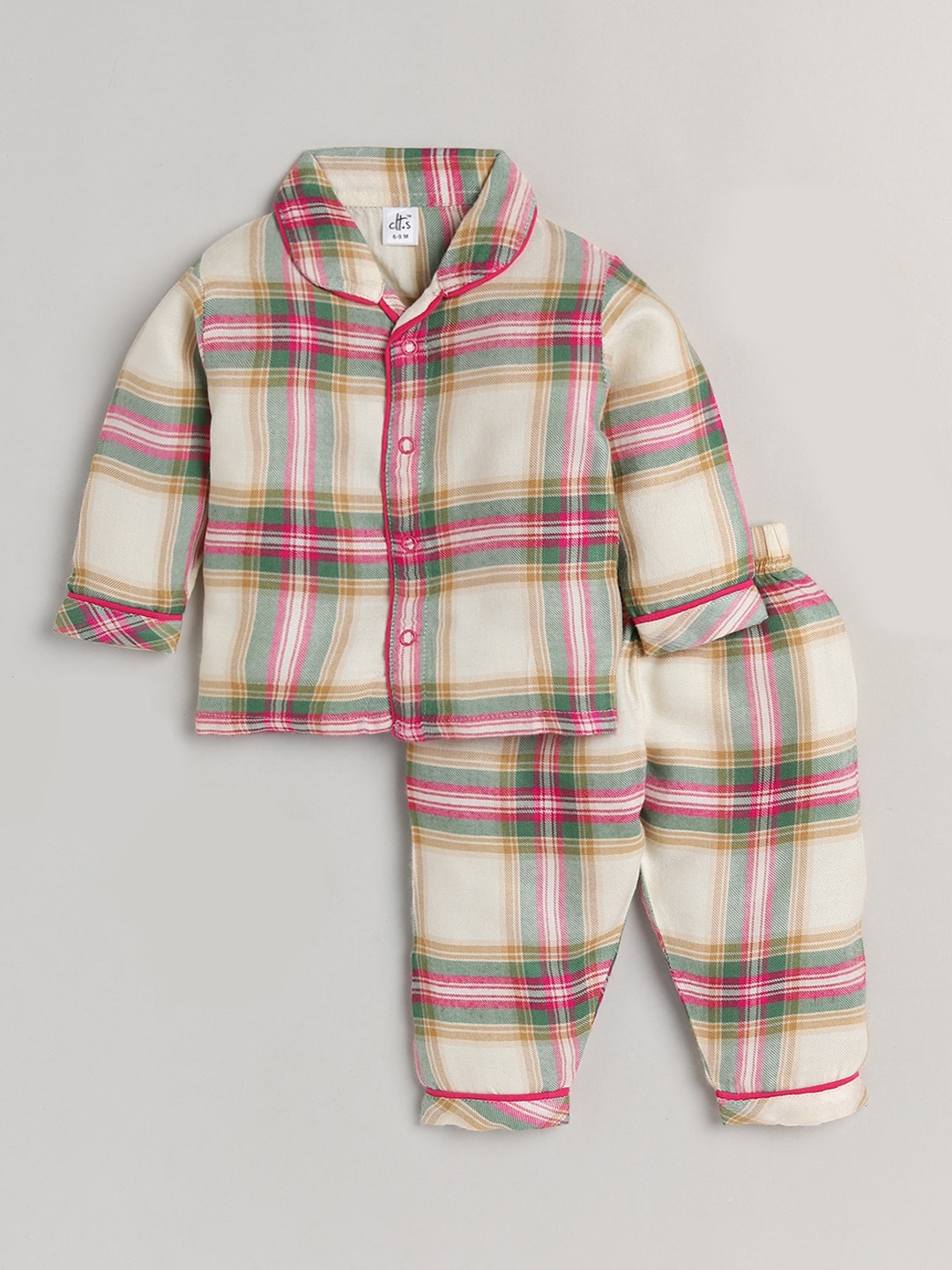 

Clt s Unisex Kids Cream-Coloured & Pink Printed Night suit