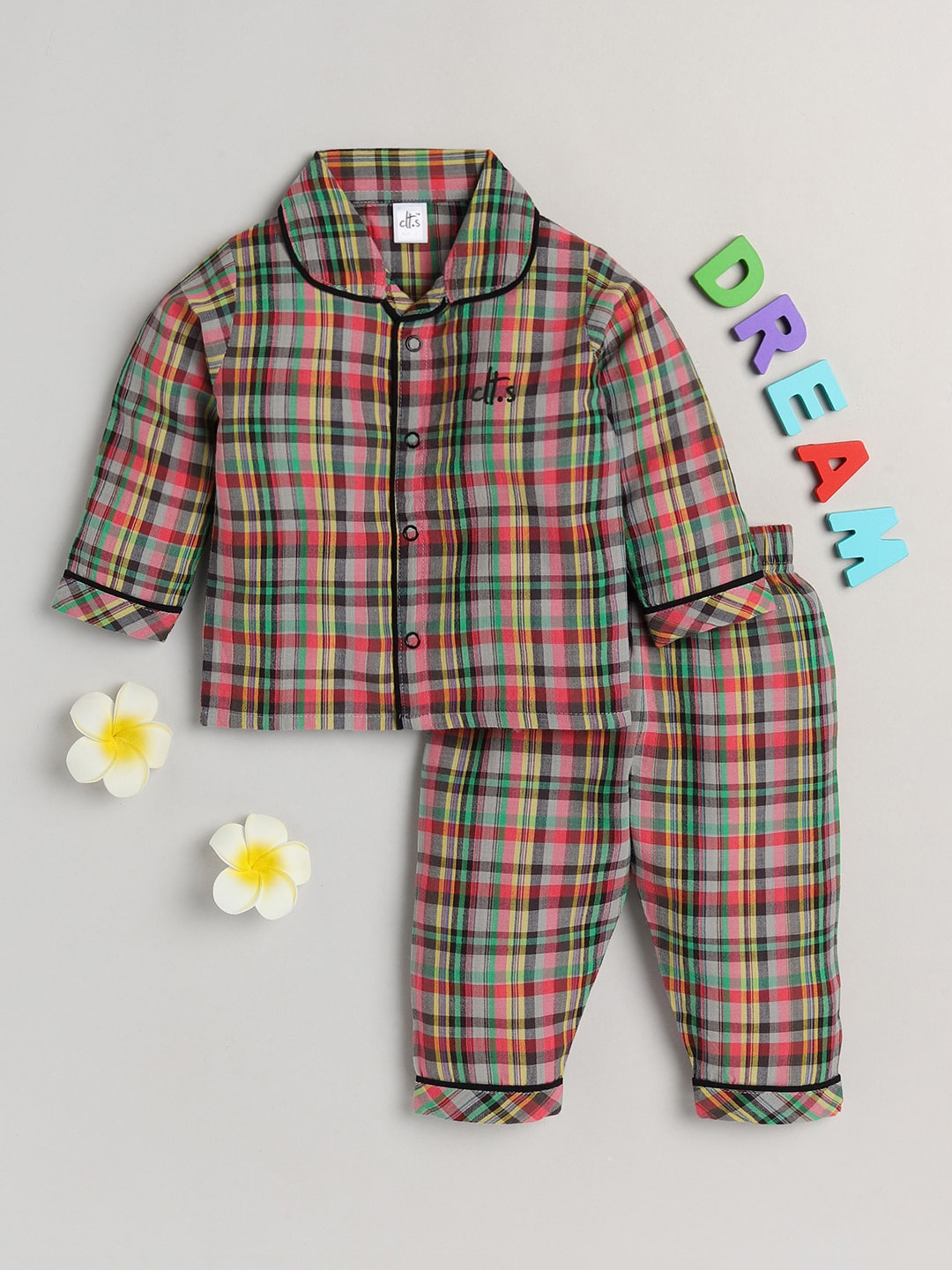 

Clt s Unisex Kids Multi Color Checks Printed Night suit