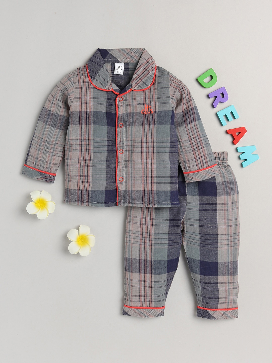 

Clt s Unisex Kids Grey & Orange Printed Night suit