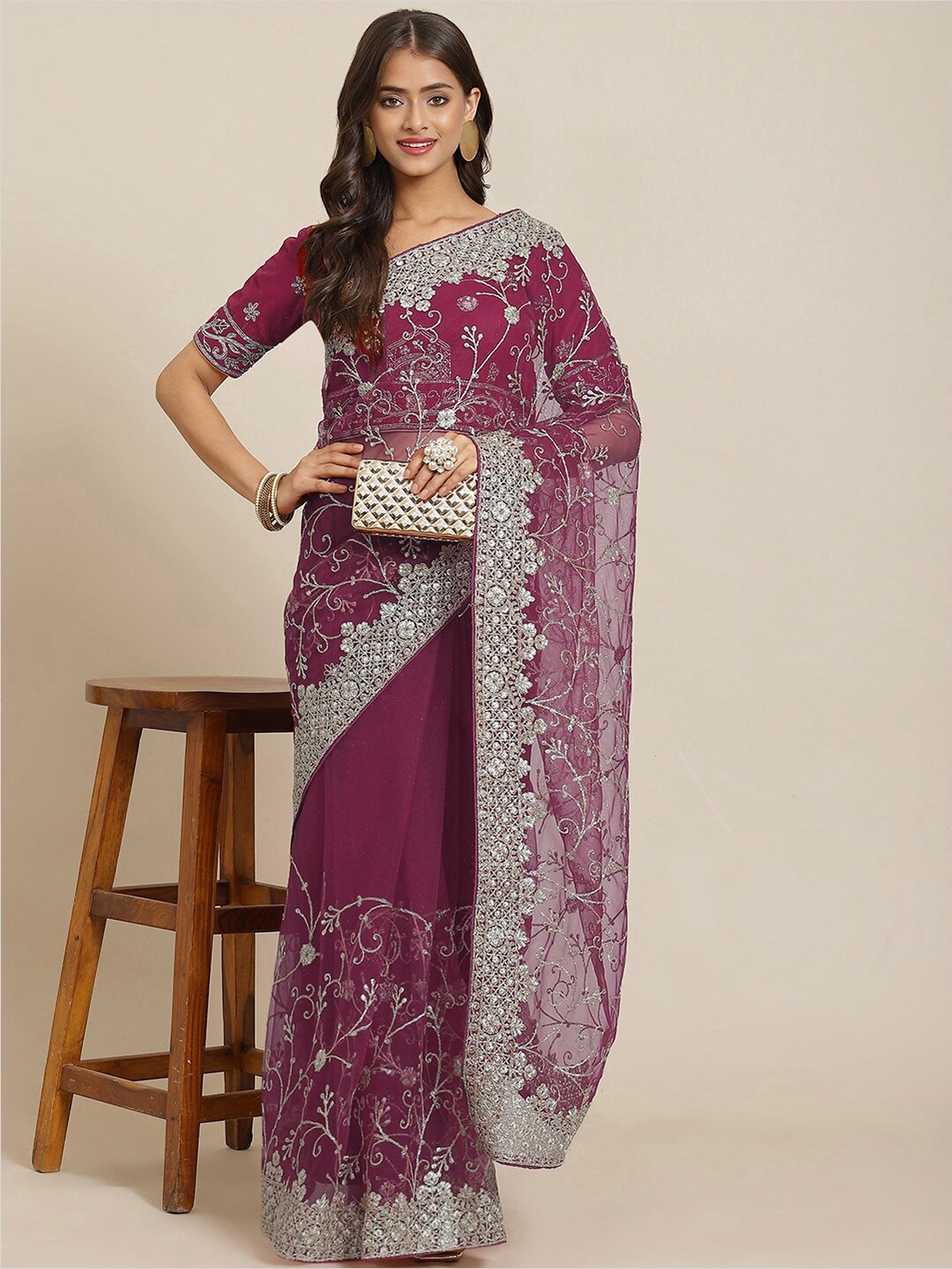 

Chhabra 555 Purple & Silver-Toned Floral Zardozi Net Saree