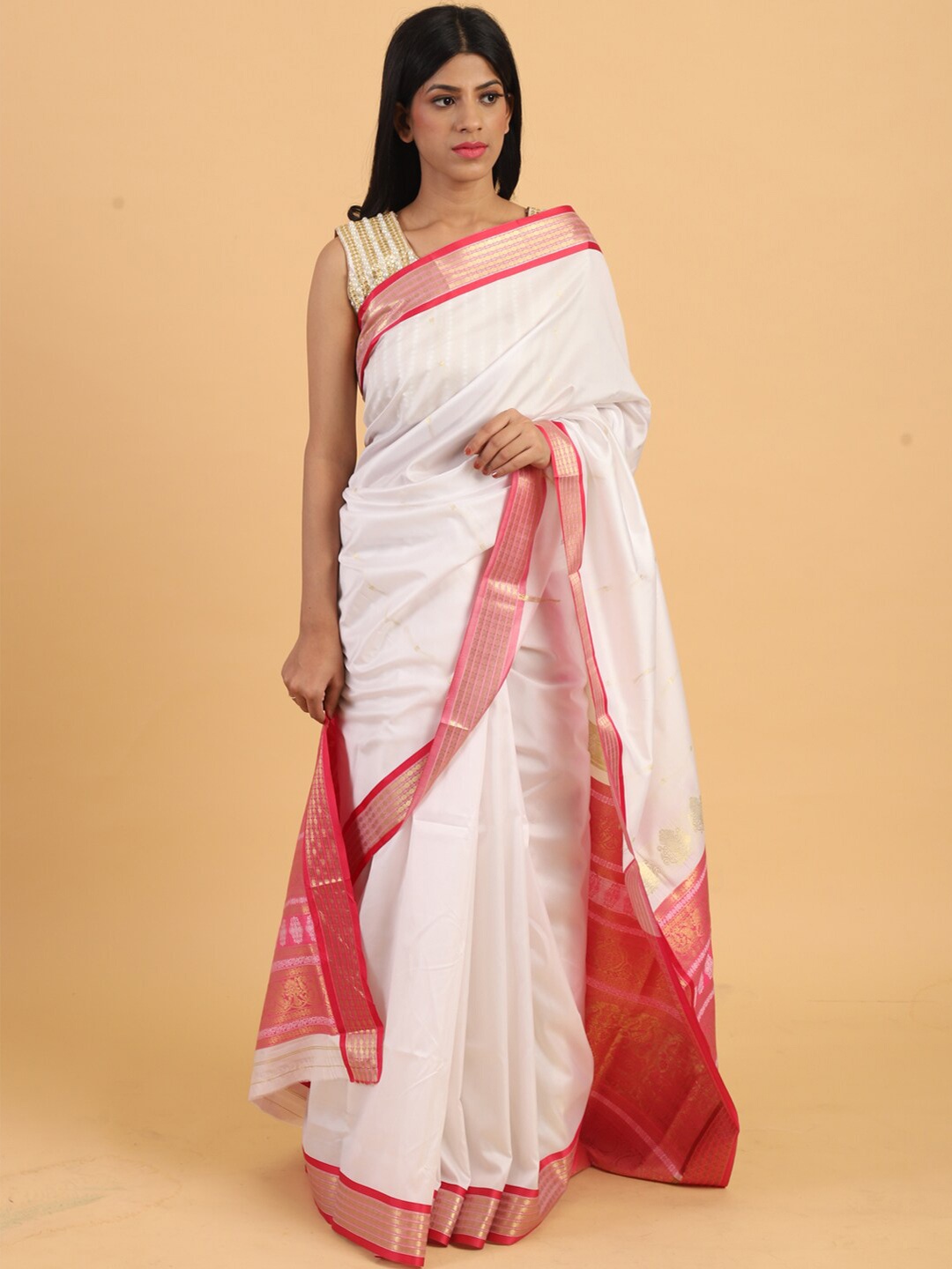 

Chhabra 555 White & Red Ethnic Motifs Zari Art Silk Narayan Peth Saree