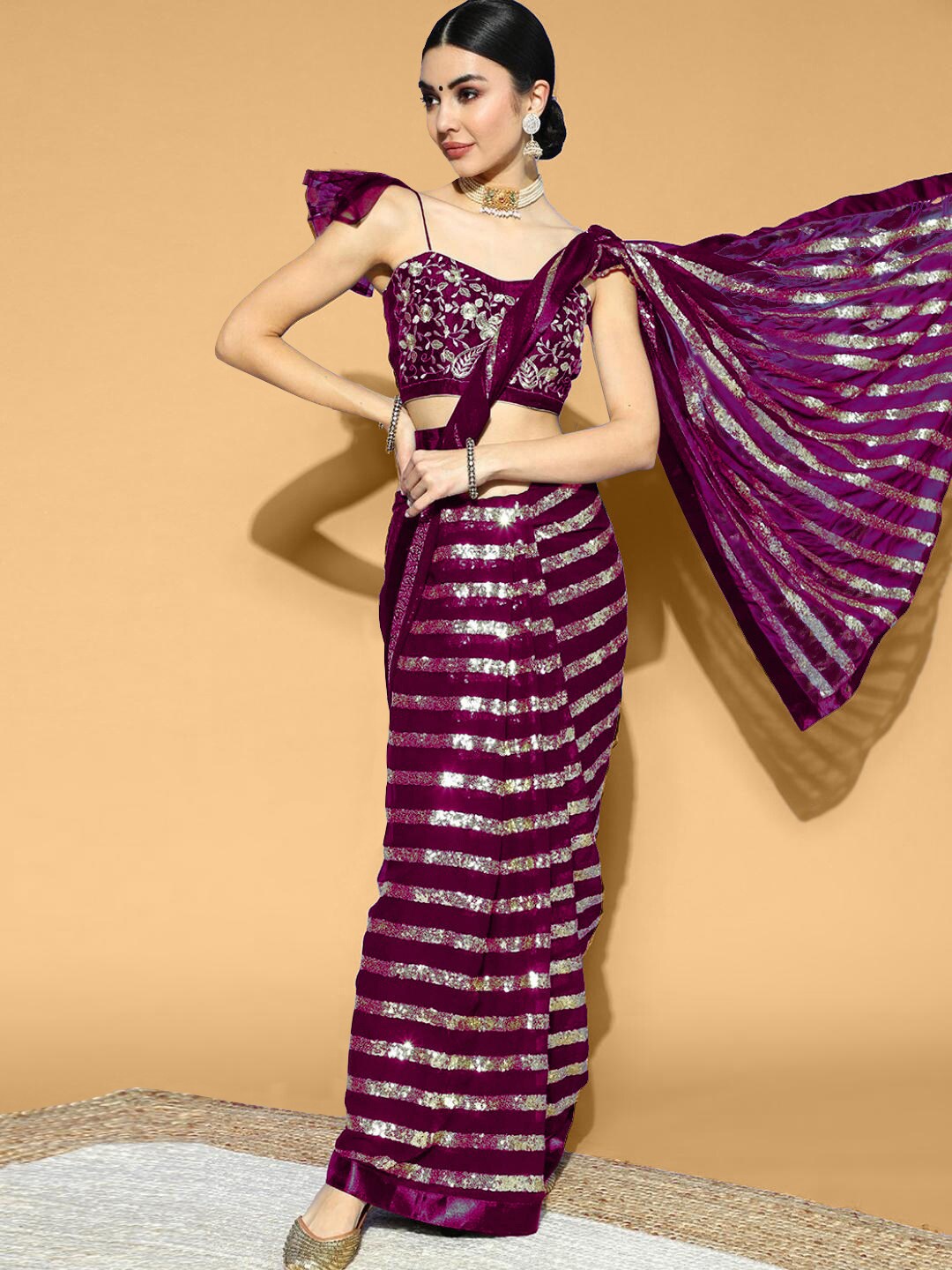 

Chhabra 555 Purple & Silver-Toned Striped Sequinned Saree