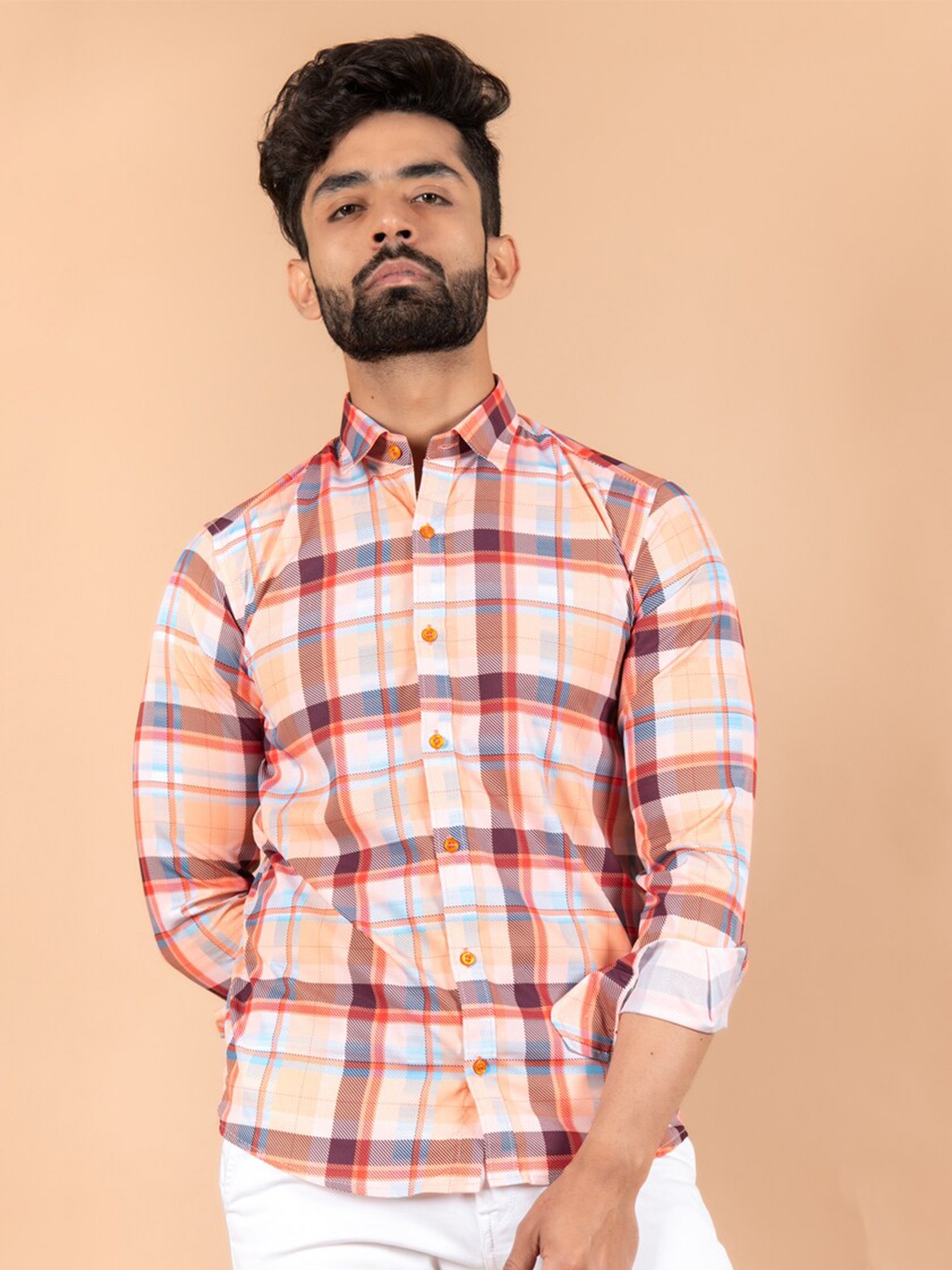 

Tistabene Men Orange Comfort Tartan Checks Checked Casual Shirt