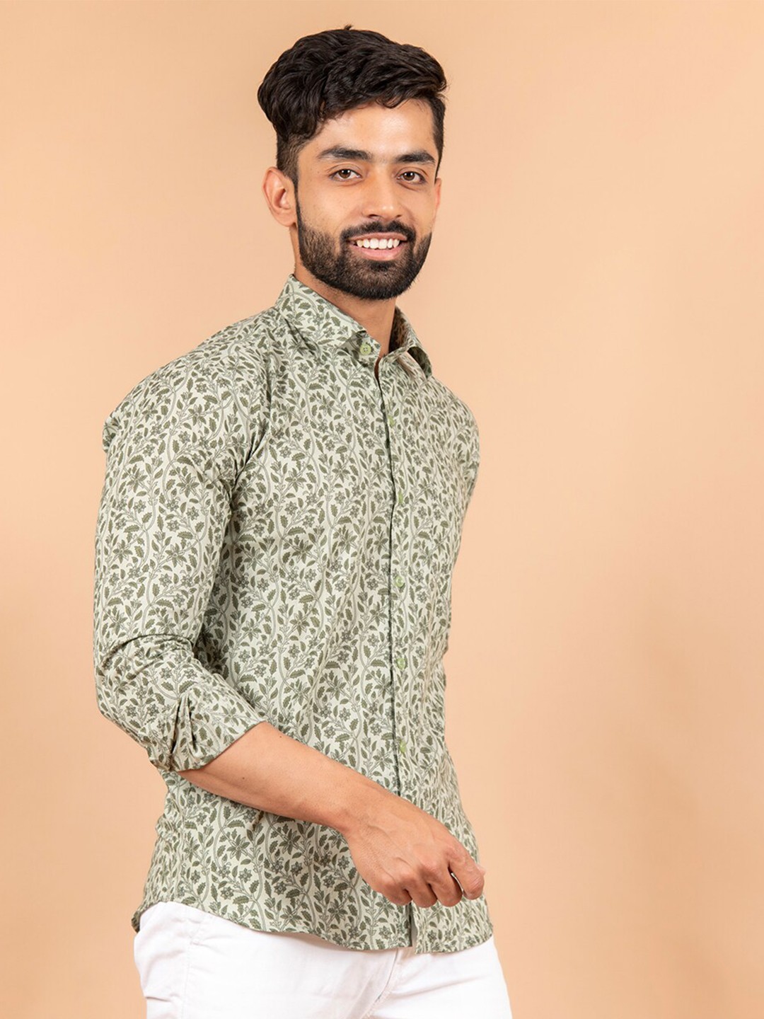 Tistabene Men Green Comfort Floral Printed Cotton Casual Shirt