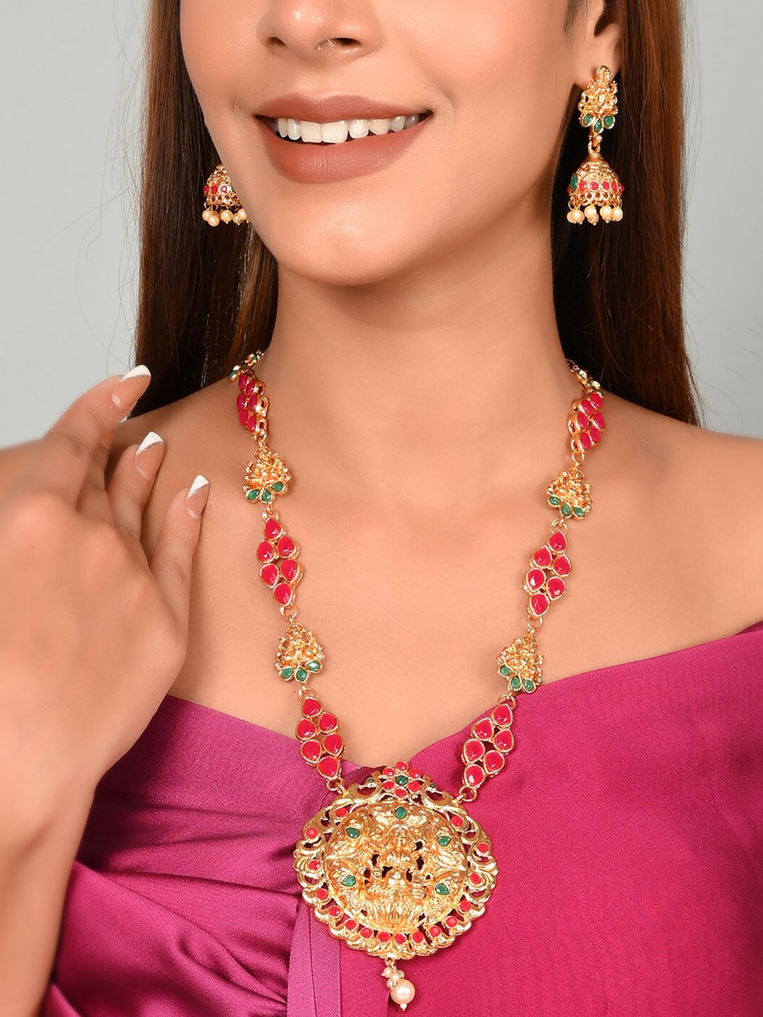 

Shoshaa Gold-Plated Red Stone Studded Temple Jewellery Set
